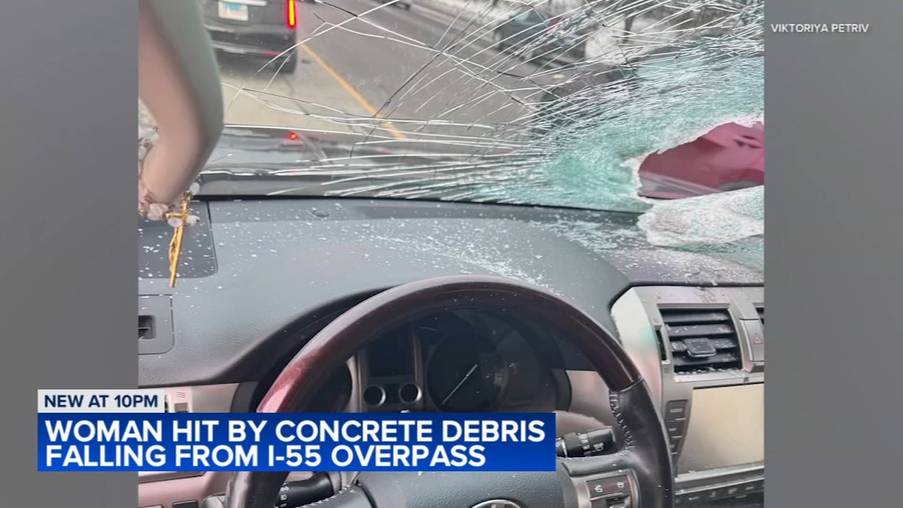 Driver injured after concrete crashes through windshield on I-55