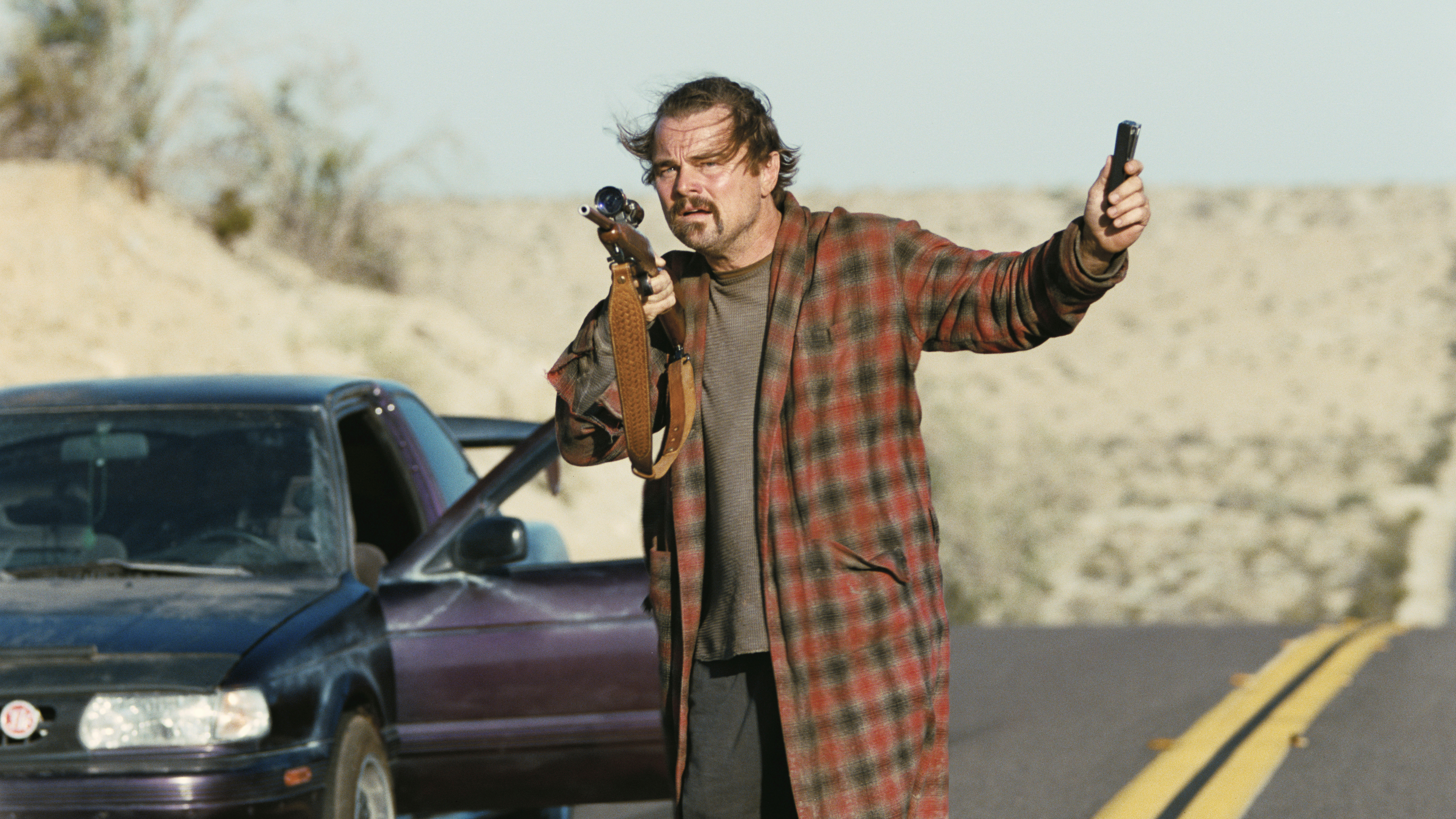 This image released by Warner Bros. Pictures shows Leonardo DiCaprio in a scene from "One Battle After Another."