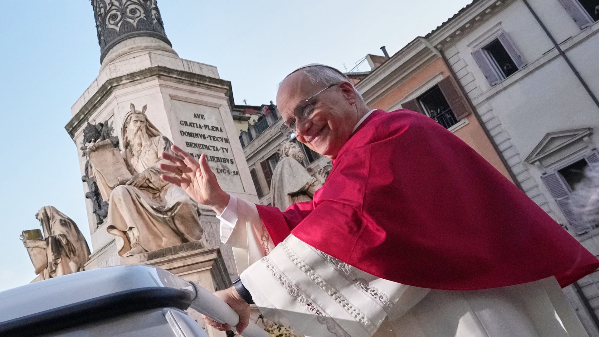 Pope Leo leaves after praying in front of the statue of the Virgin Mary next to the Spanish Steps in Rome, Monday, Dec. 8, 2025, on the Catholic Feast of the Immaculate Conception.