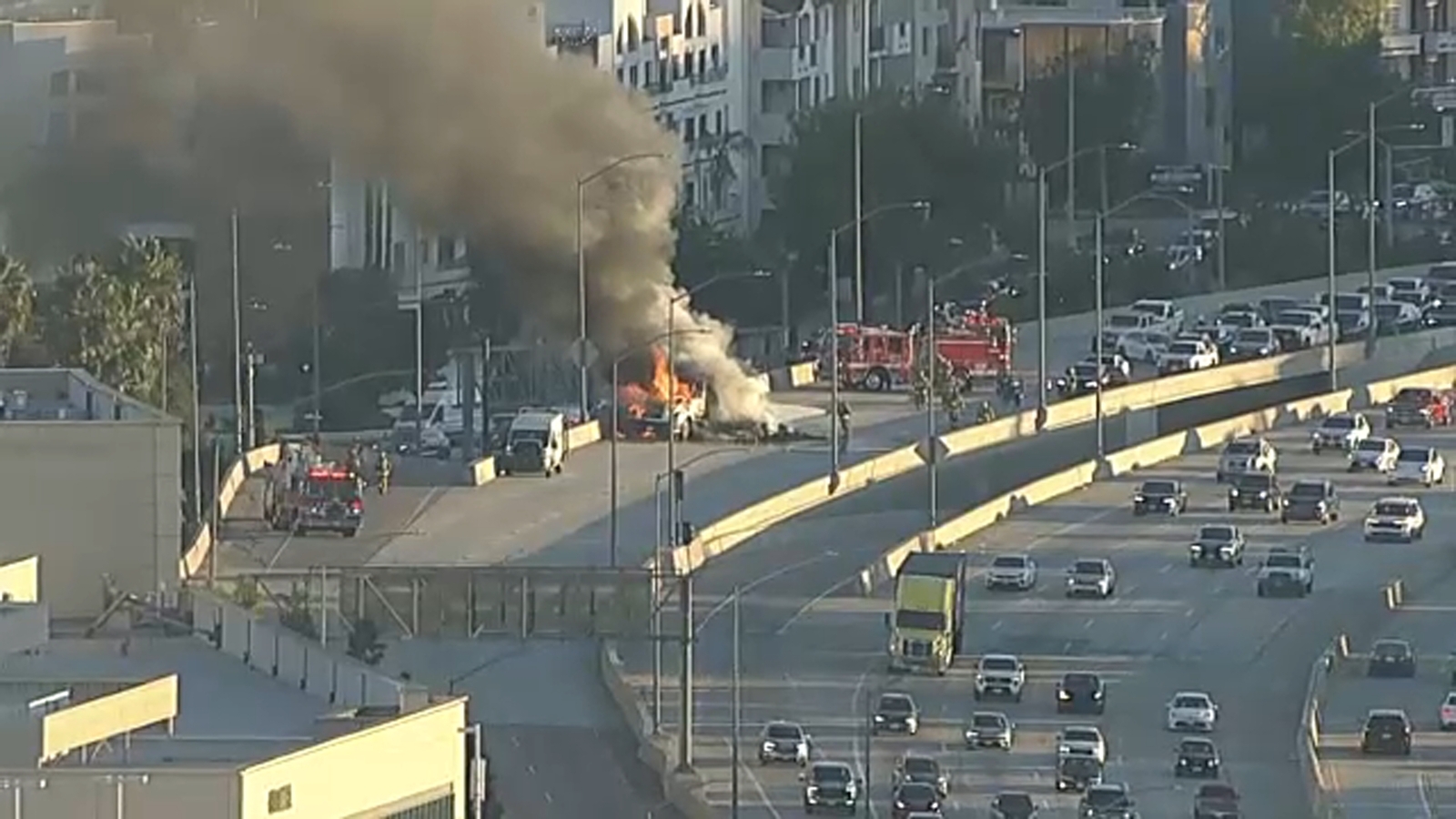 Lanes shut down at NB 405/101 interchange in Sherman Oaks after flatbed truck loaded with hay erupts in flames Lanes shut down at NB 405/101 interchange in Sherman Oaks after flatbed truck loaded with hay erupts in flames