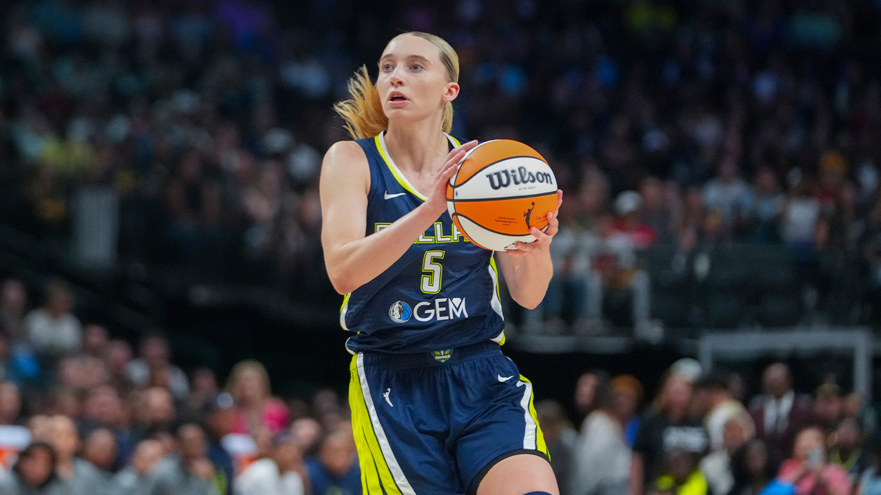 Dallas Wings guard Paige Bueckers works the floor against the Indiana Fever during the second half of a WNBA basketball game Aug. 1, 2025, in Dallas.