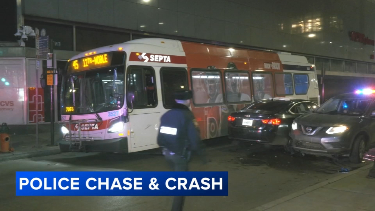 Police pursuit ends with driver crashing into SEPTA bus, another car in Center City Philadelphia