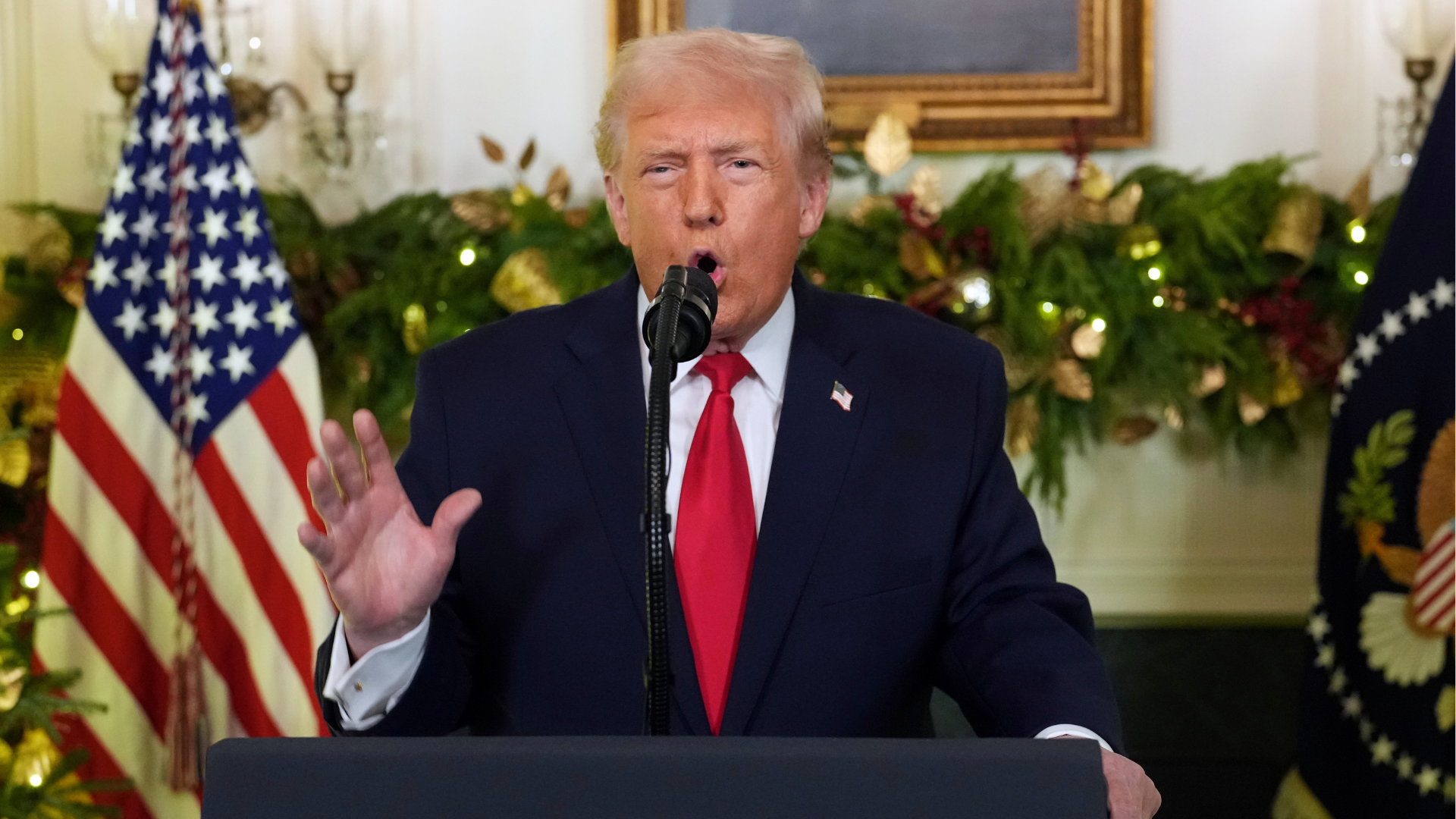 President Donald Trump speaks during an address to the nation from the Diplomatic Reception Room at the White House, Wednesday, Dec. 17, 2025, in Washington.