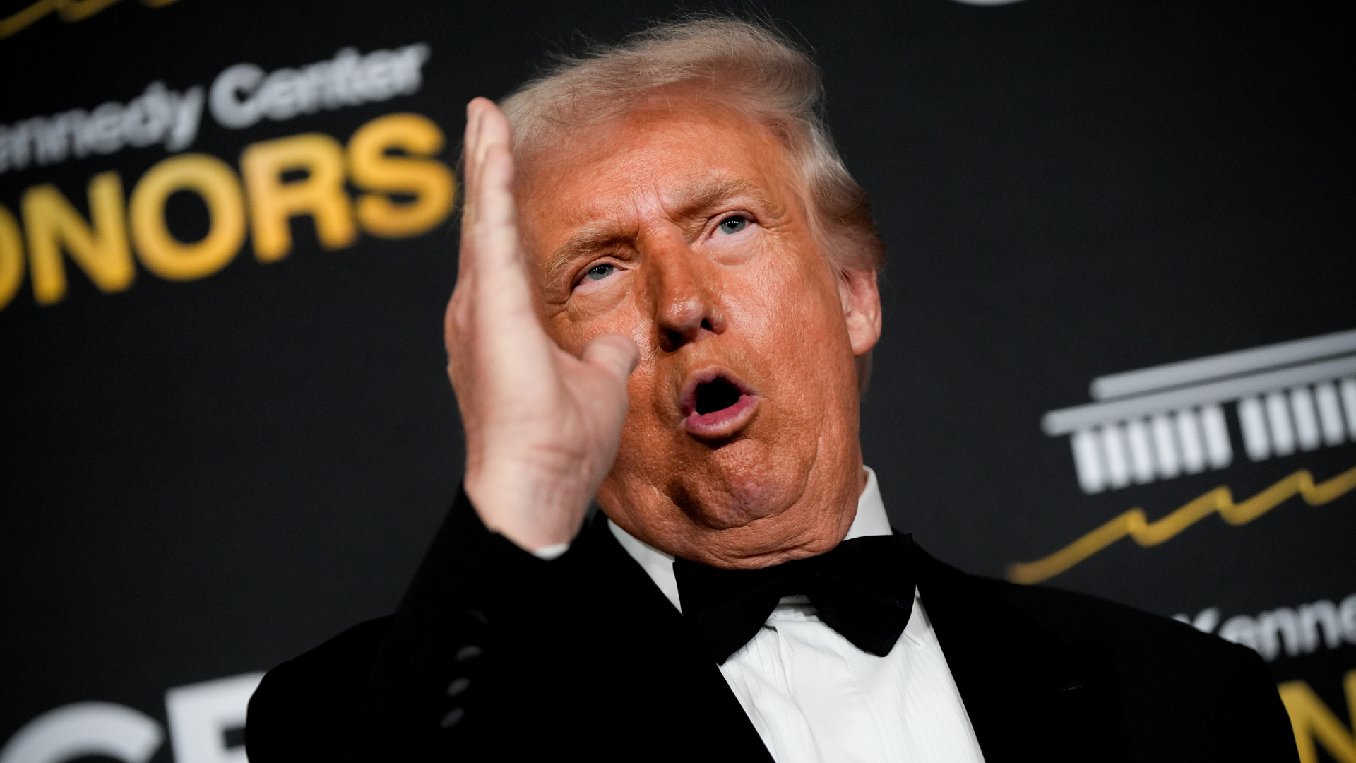 President Donald Trump speaks on the red carpet before the 48th Kennedy Center Honors, Sunday, Dec. 7, 2025, at the John F. Kennedy Center for the Performing Arts in Washington.
