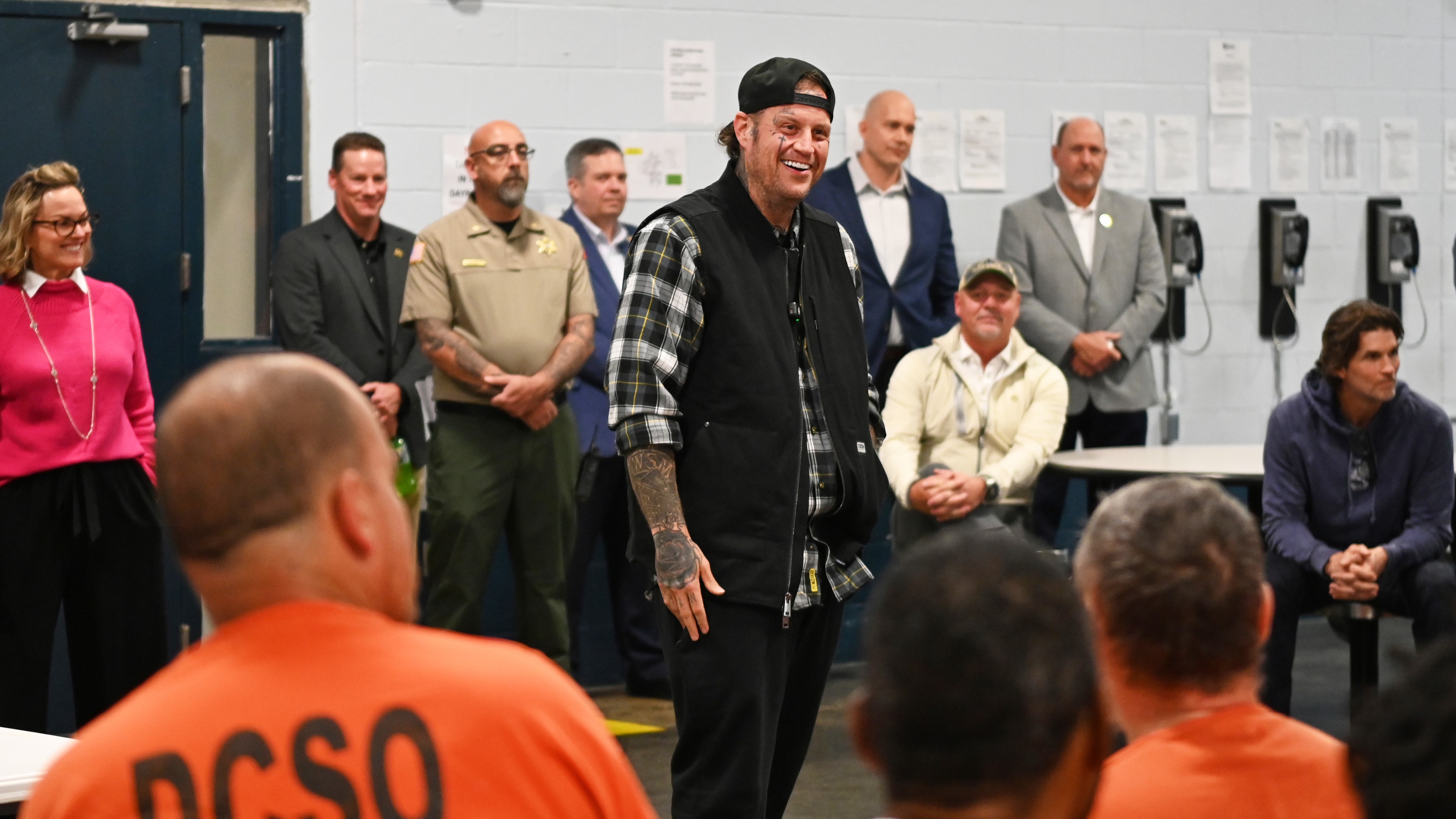 This photo provided by the Nashville-Davidson Co. Sheriff's Office shows country music star Jelly Roll speaking to inmates at the Davidson County Sheriff's Office on Nov. 25, 2025.