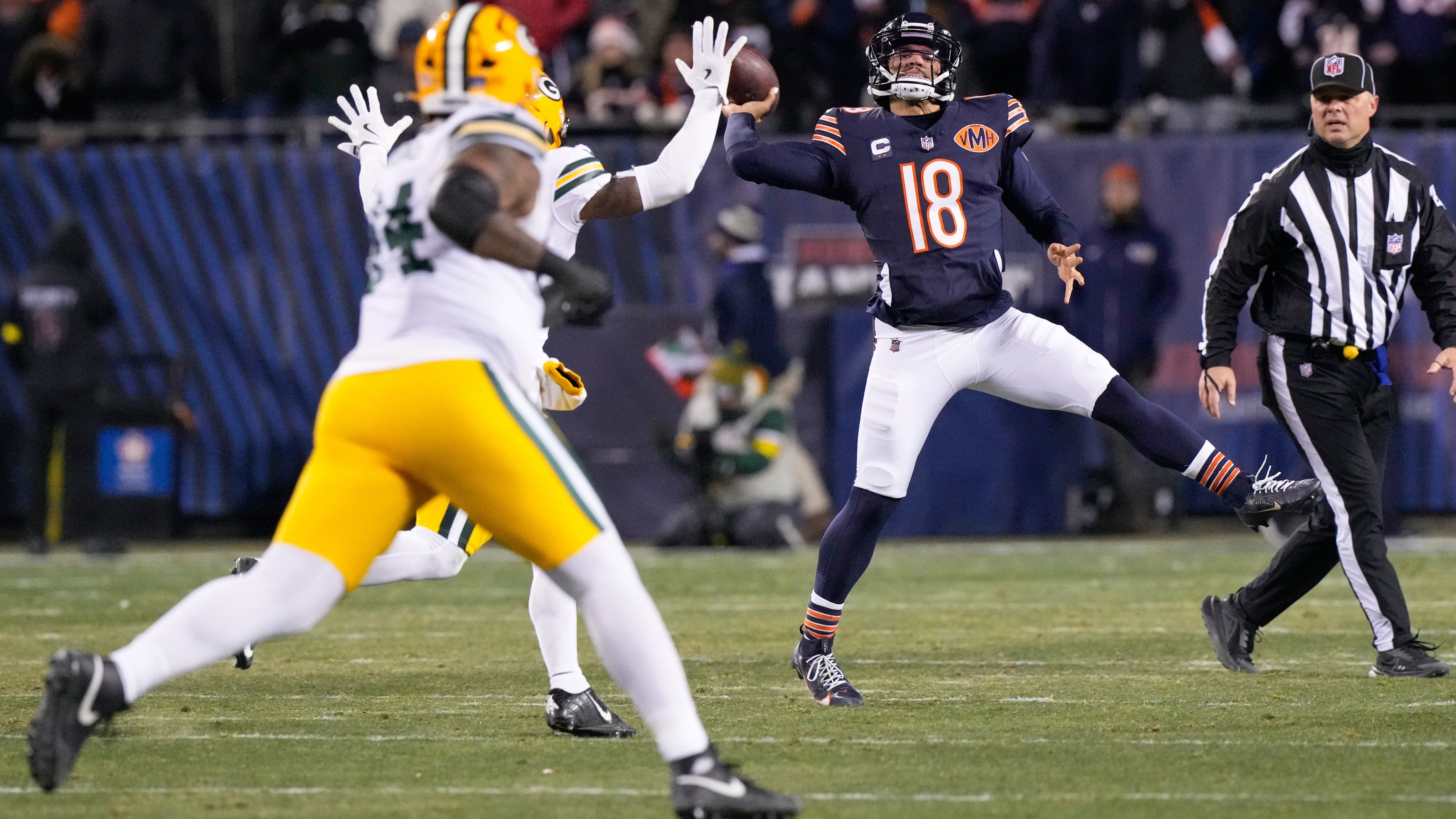 Chicago Bears' Caleb Williams throws during the first half of an NFL football game against the Green Bay Packers Saturday, Dec. 20, 2025, in Chicago.
