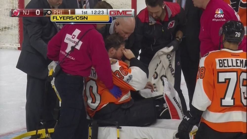 Flyers goalie Michal Neuvirth collapses on ice during game