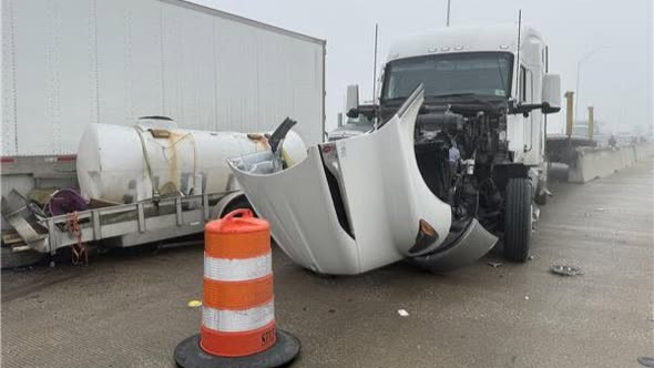 An 18-wheeler sustained front-end damage after CCSO reported multiple crashes on I-10 on Sunday morning.