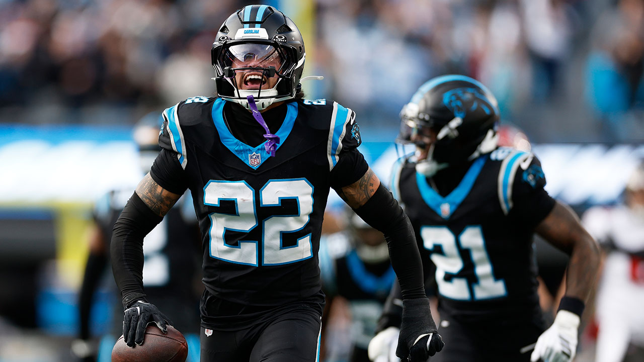 Panthers safety Lathan Ransom celebrates after making an interception that sealed the win against the Buccaneers on Sunday in Charlotte.