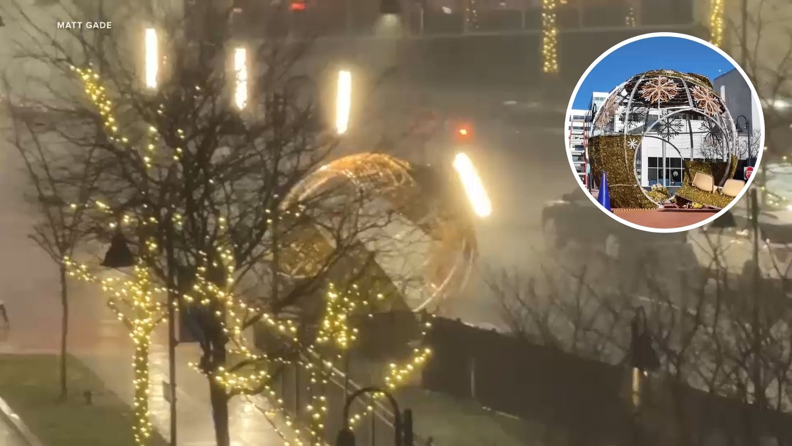 Giant Christmas ornament slams into cars during high winds