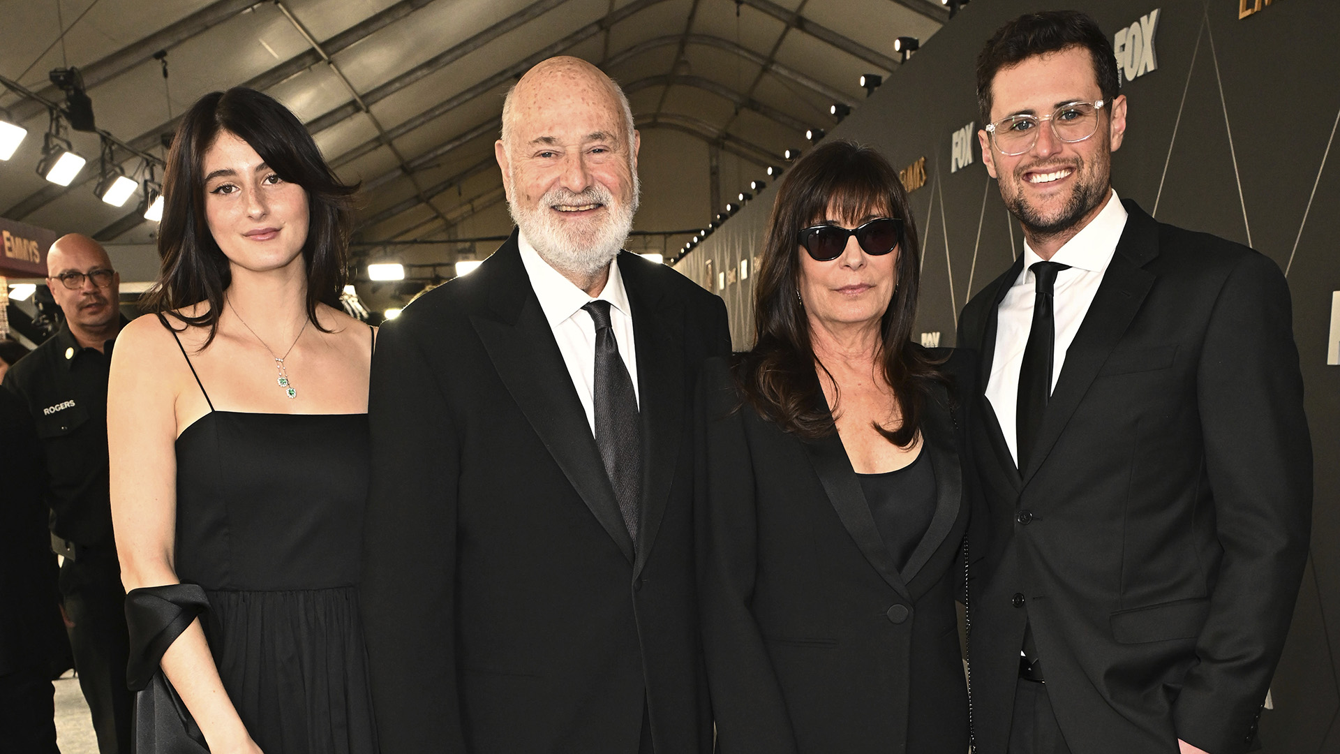 Romy Reiner, from left, Rob Reiner, Michele Singer Reiner and Jake Reiner walk the red carpet at the 75th Emmy Awards on Monday, Jan. 15, 2024 at the Peacock Theater in L.A.