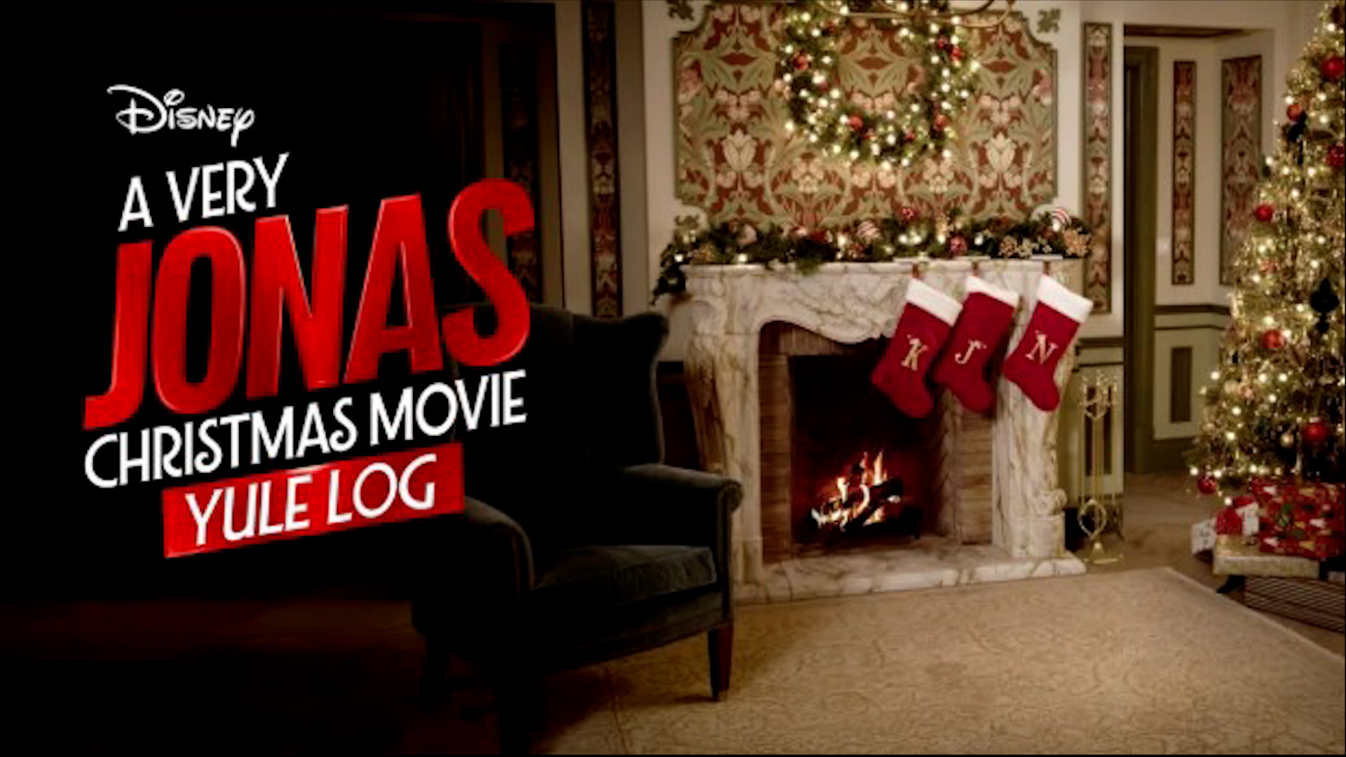 "A Very Jonas Christmas Movie Yule Log" streaming on Disney+.