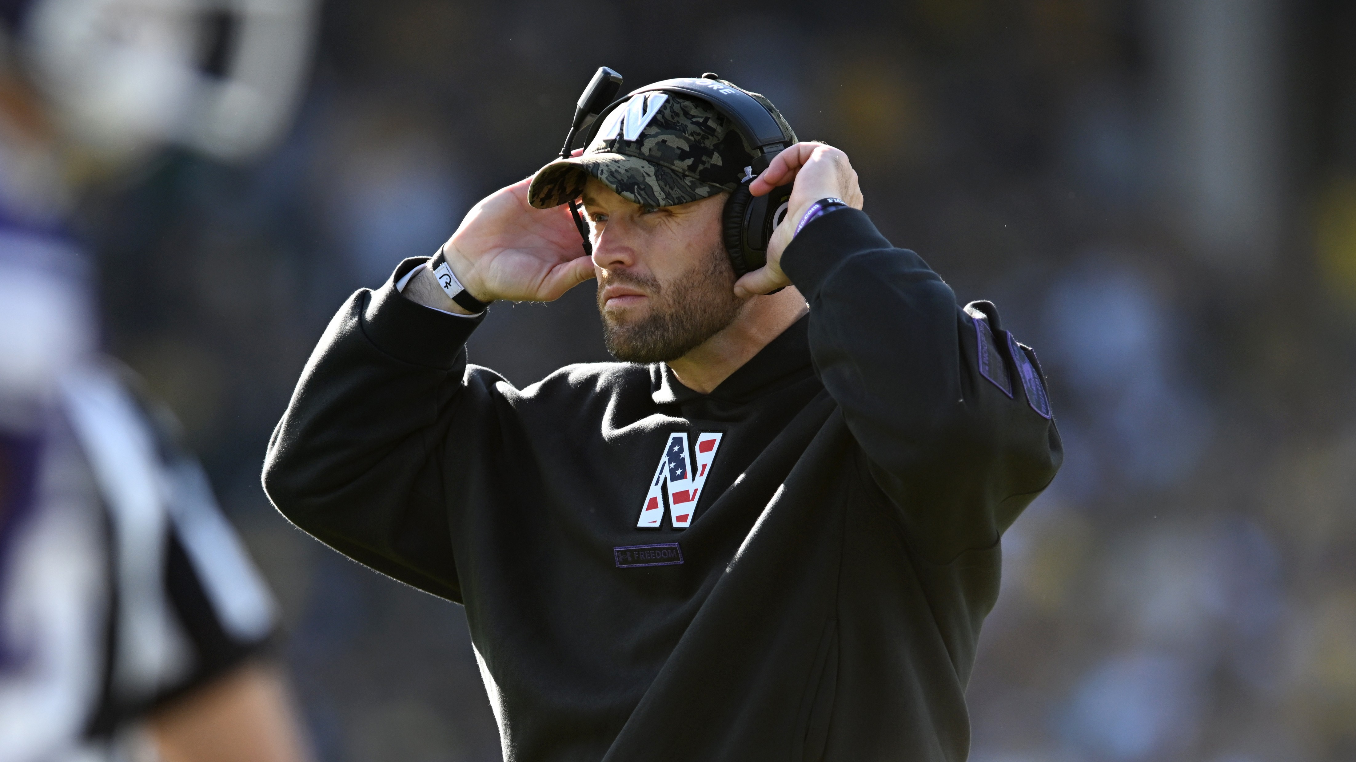 Northwestern head coach David Braun looks on during the third quarter of an NCAA college football game against Michigan, Saturday, Nov. 15, 2025, in Chicago.