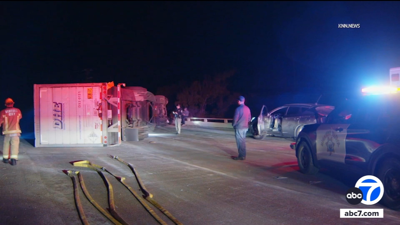 Overturned semi shuts down NB 101 Fwy in Ventura County