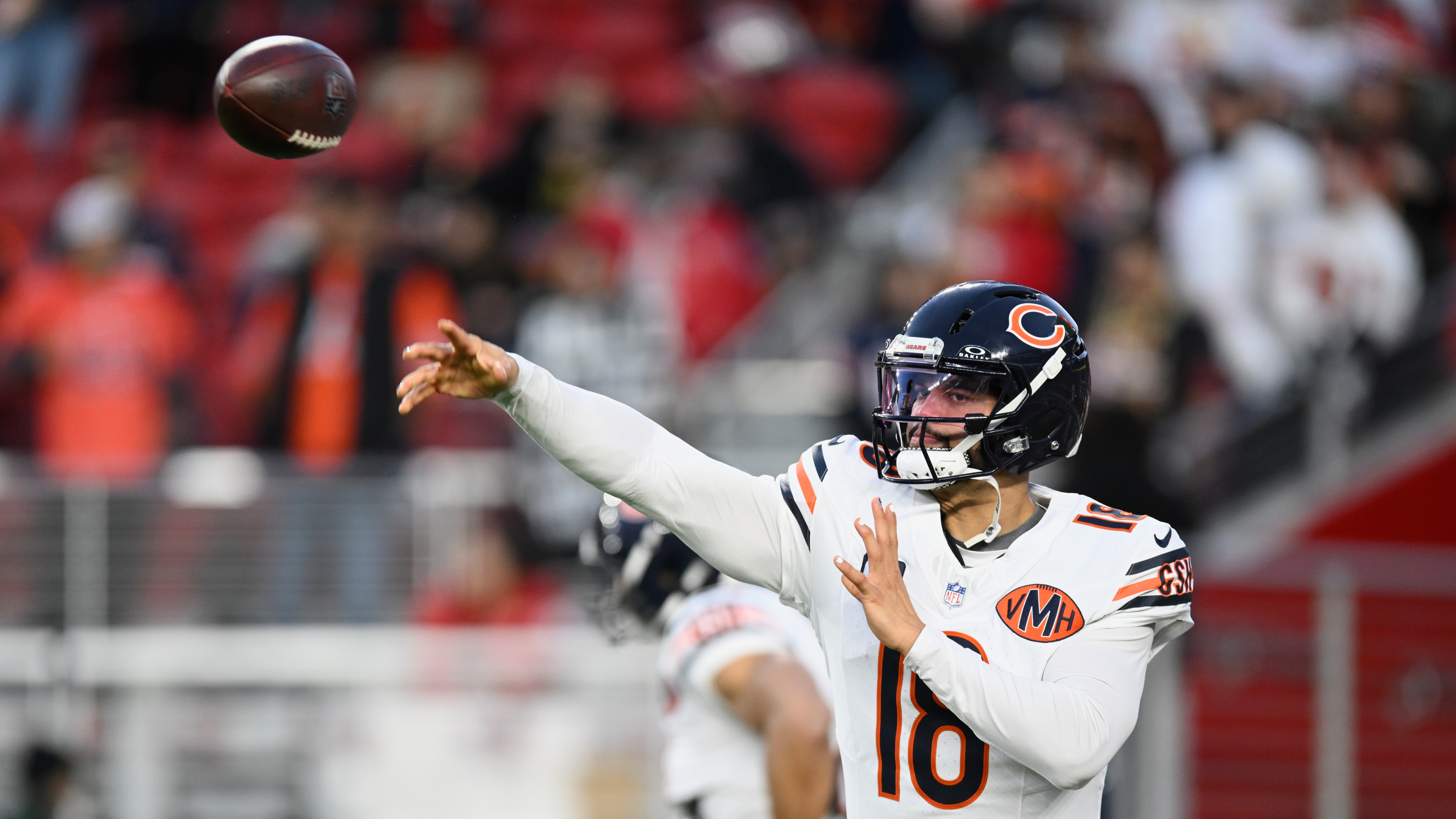 Chicago Bears quarterback Caleb Williams warms up before an NFL football game against the San Francisco 49ers in Santa Clara, Calif., Sunday, Dec. 28, 2025.