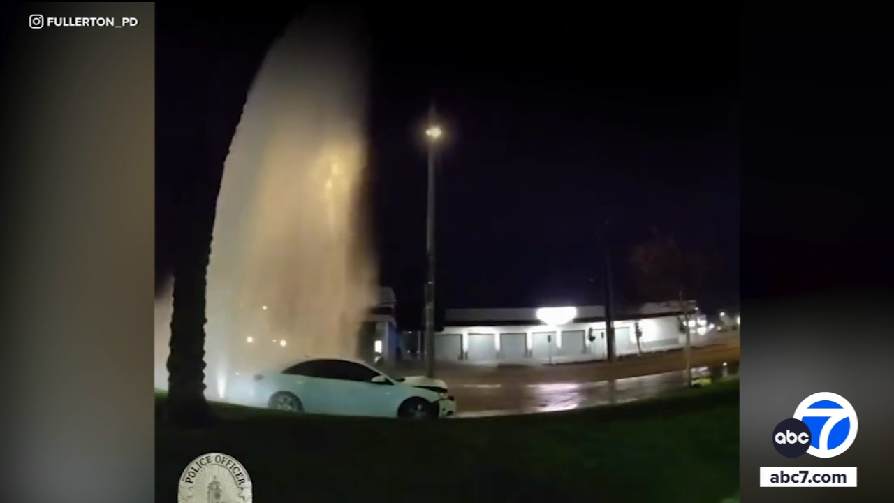 DUI suspect shears fire hydrant, runs from police in Fullerton, video shows