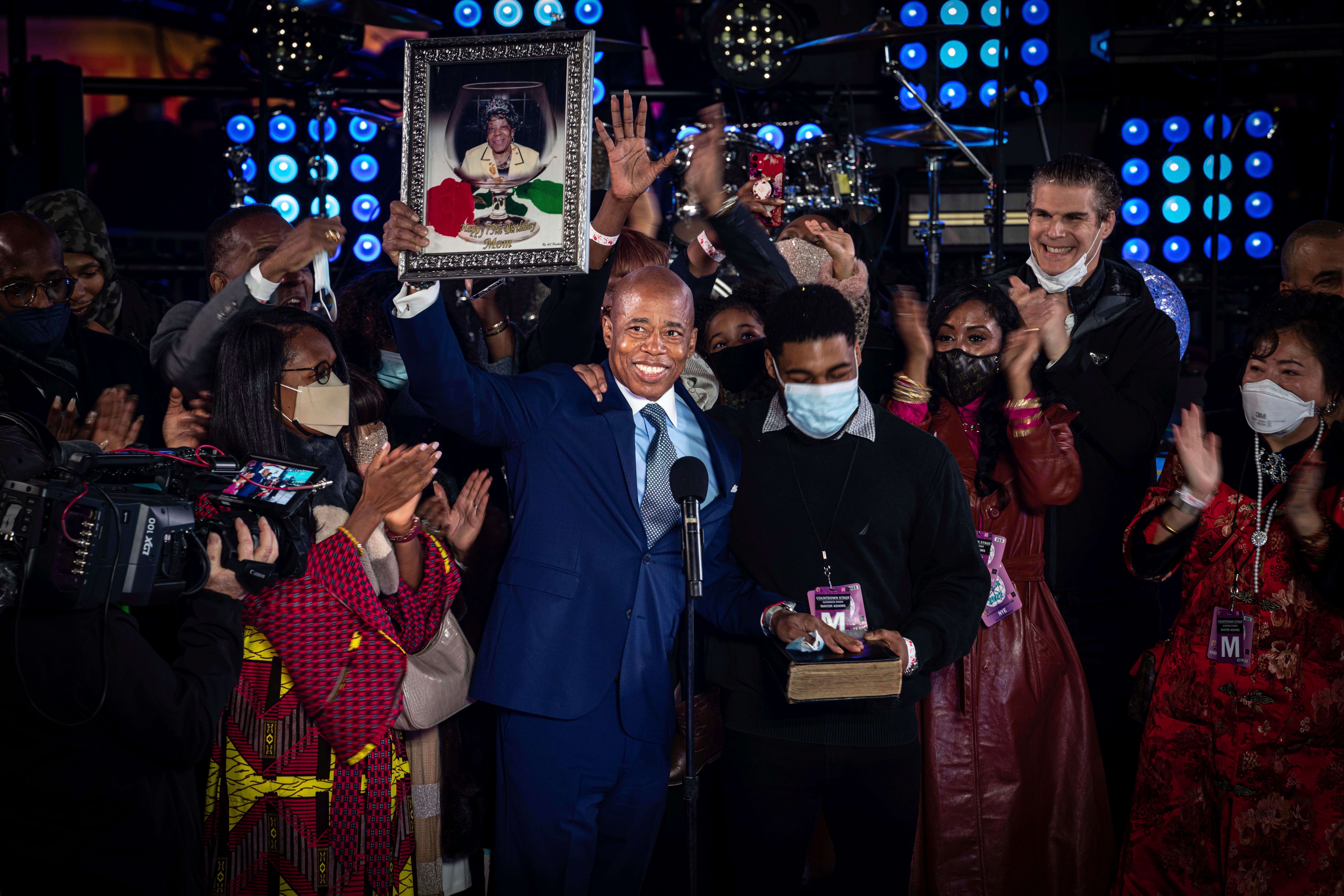 FILE - Eric Adams is sworn in as mayor of New York City on the stage of the New Year's Eve celebration in New York's Times Square on Saturday, Jan. 1, 2022.