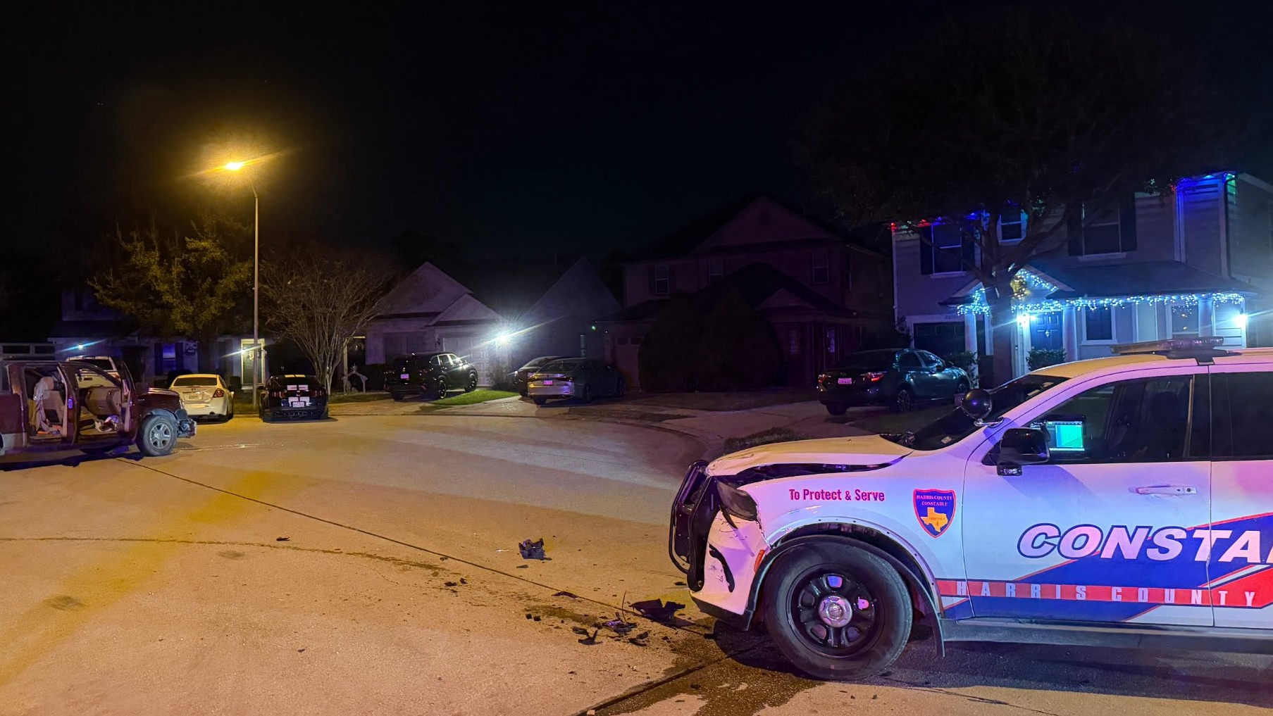 An image posted by Pct. 4 Constable Mark Herman's office showed a deputy's vehicle with front-end damage.