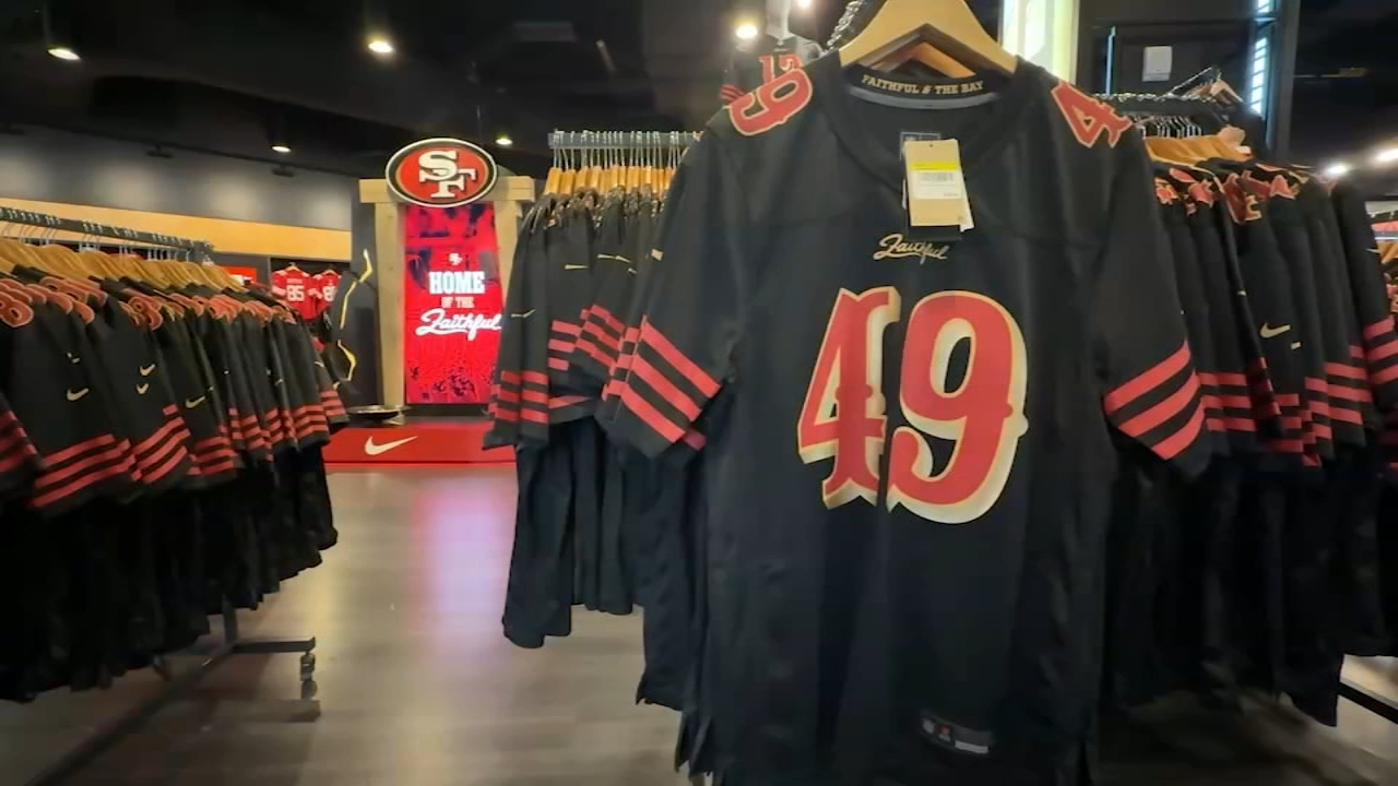 New 49ers black jerseys can be seen for sale at the shop in Levi's Stadium.