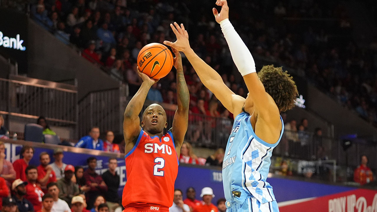 SMU guard Boopie Miller (2) shoots against North Carolina guard Seth Trimble on Saturday in Dallas.