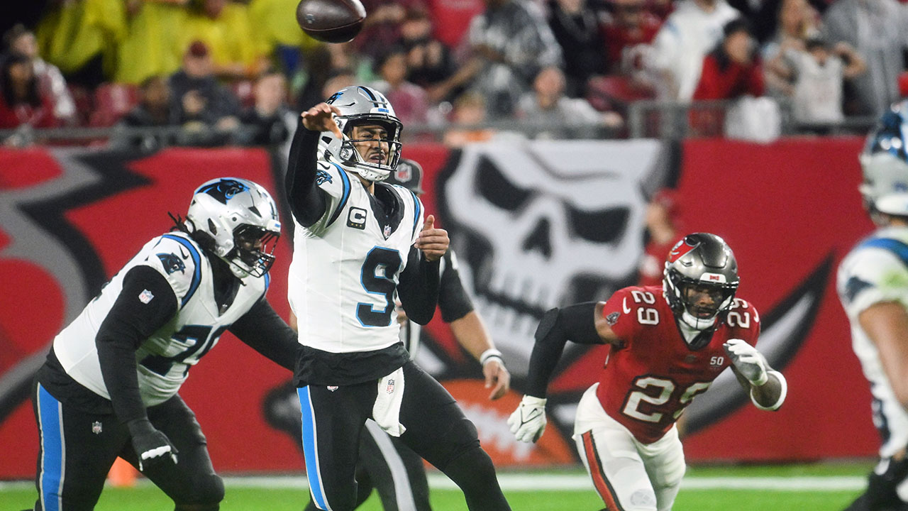 Carolina quarterback Bryce Young threw two touchdown passes and one interception against Tampa Bay.