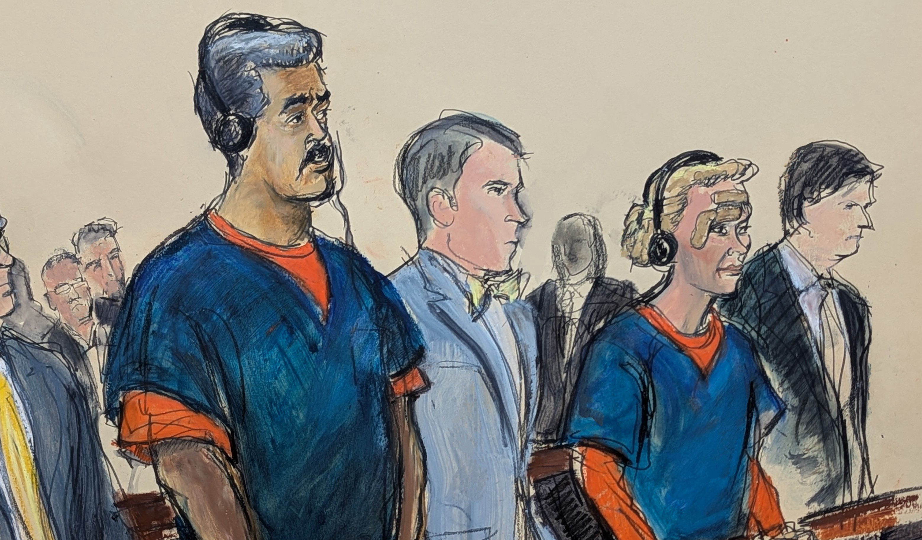 Venezuelan President Nicolas Maduro, left, and his wife, Cilia Flores, second from right, appear in Manhattan federal court with their defense attorneys Mark Donnelly, second from left, and Andres Sanchez, Monday, Jan. 5, 2026, in New York. (