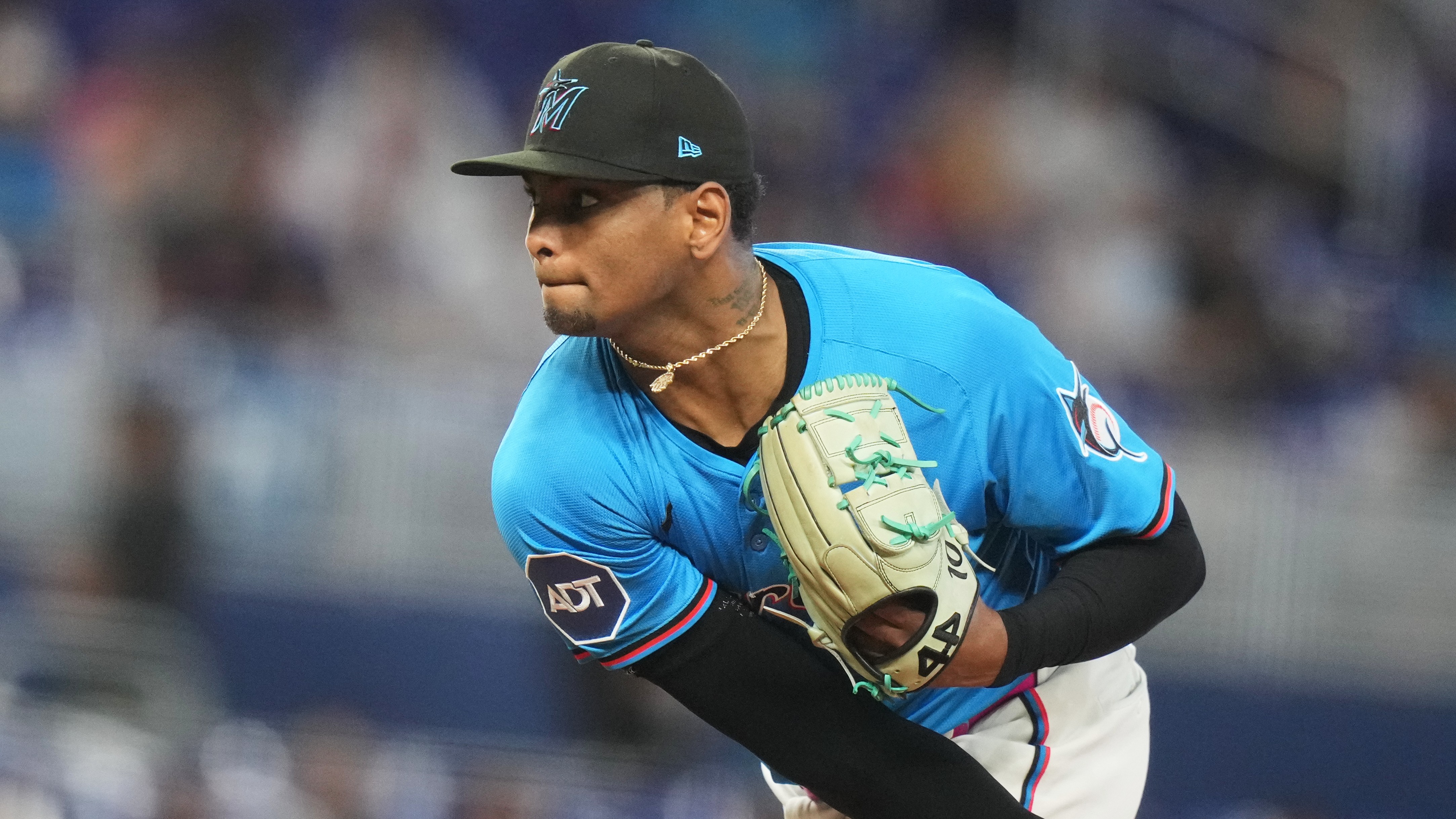 FILE - Miami Marlins starting pitcher Edward Cabrera follows through on a pitch during the first inning of a baseball game against the New York Mets, Sept. 28, 2025, in Miami.