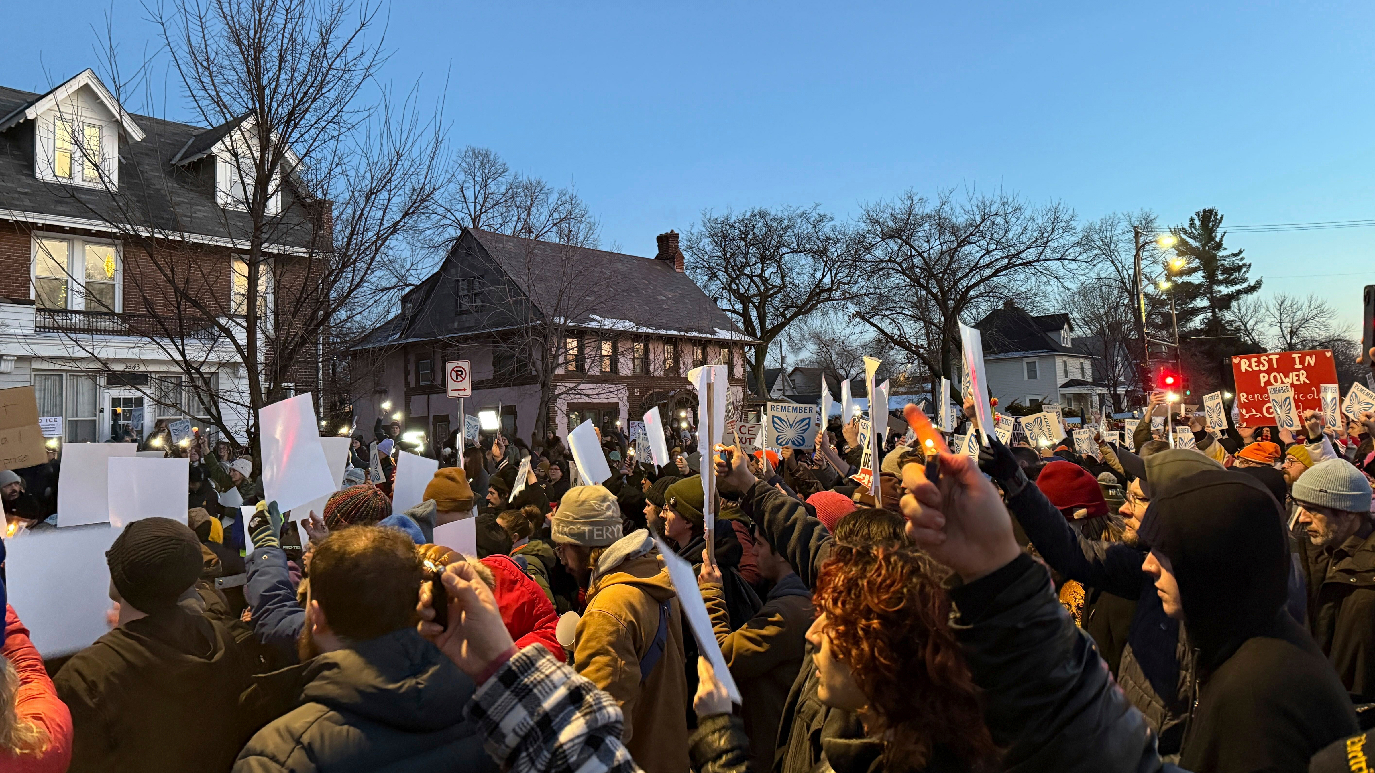 Demonstrators gather during a vigil near where an Immigration and Customs Enforcement officer shot and killed a woman in Minneapolis, Wednesday, Jan. 7, 2026.