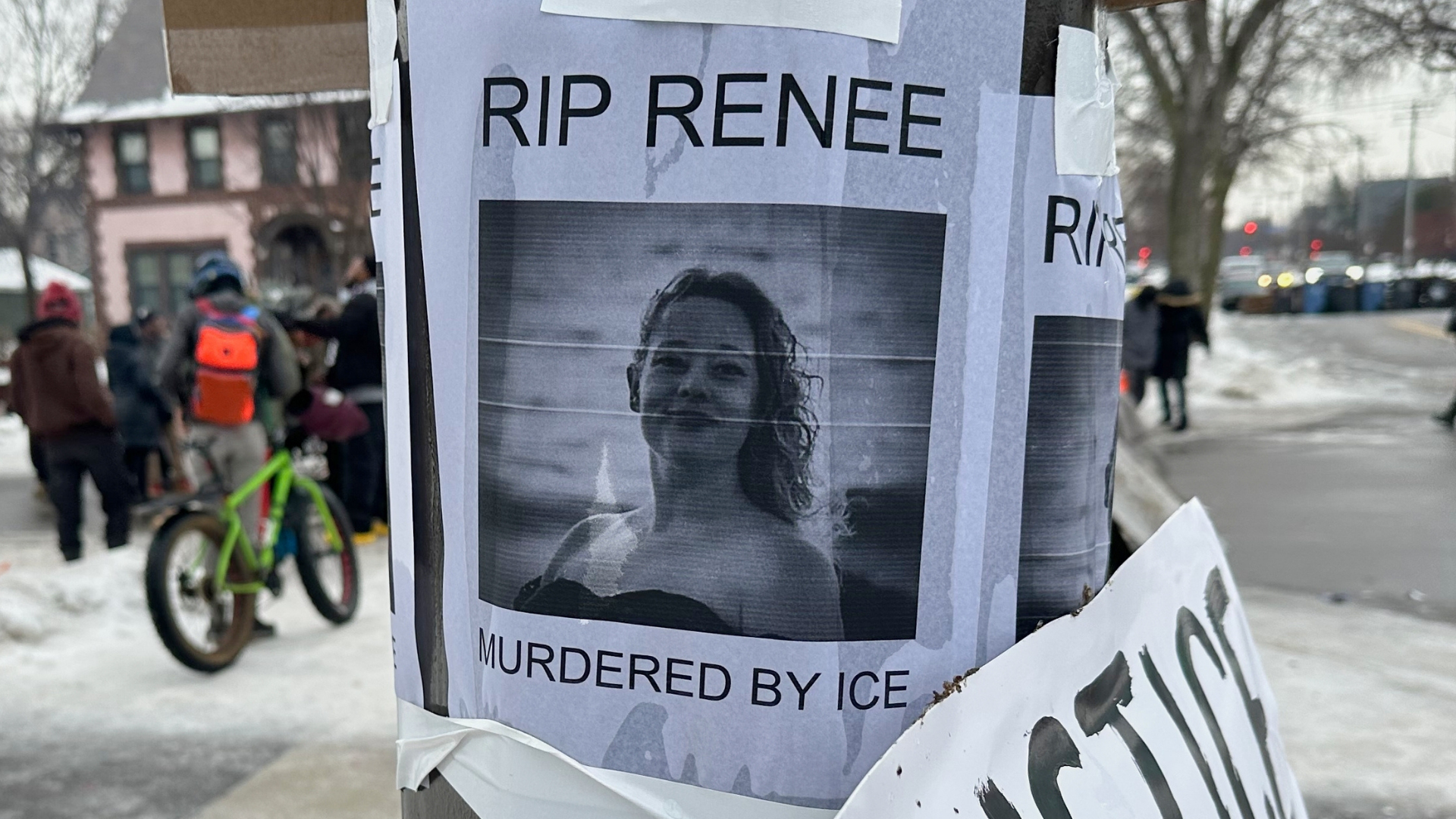 A makeshift memorial honoring the victim of a fatal shooting involving federal law enforcement agents is taped to a post near the site of the previous day's shooting, Thursday, Jan. 8, 2026, in Minneapolis, Minn. 