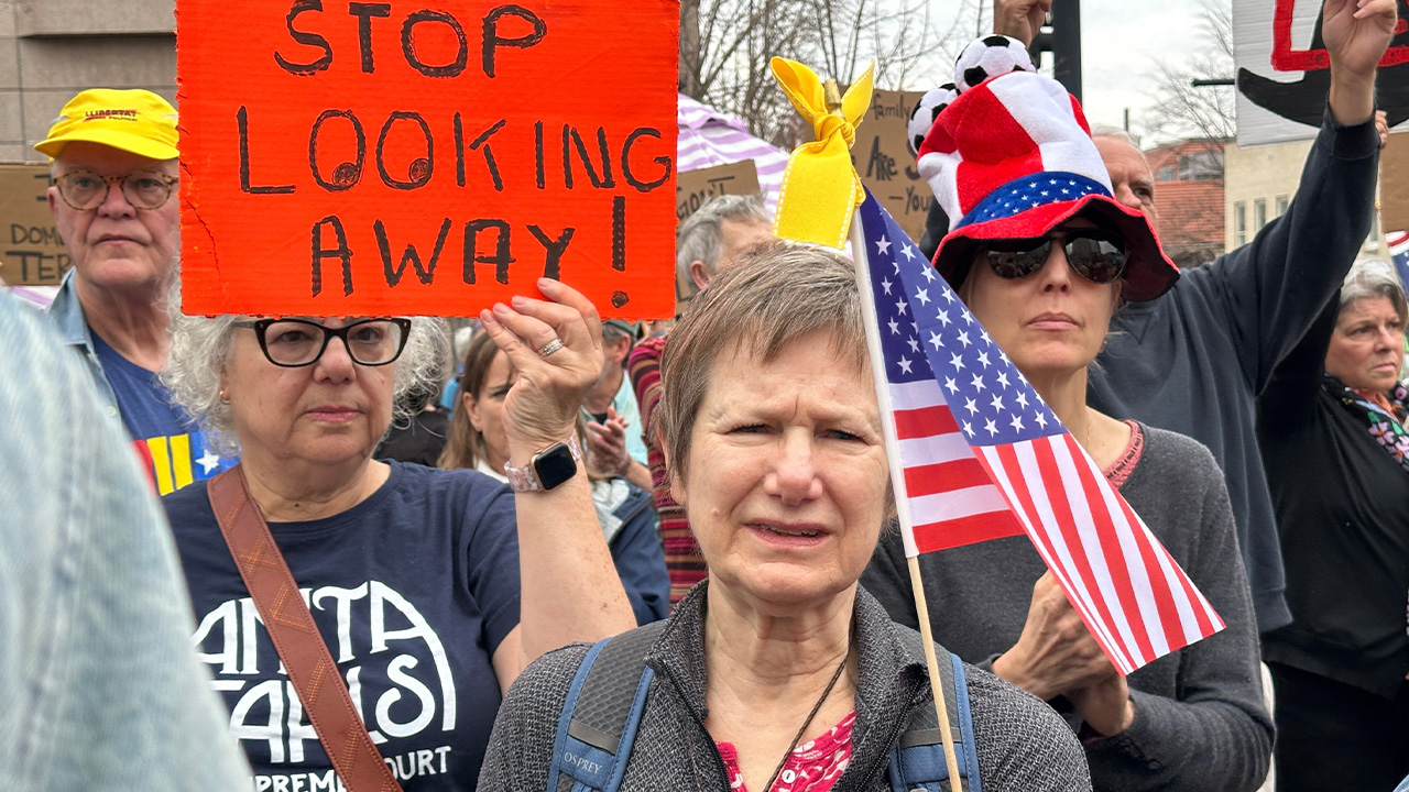 People gather during a protest on Saturday, Jan. 10, 2026 in downtown Durham, NC.