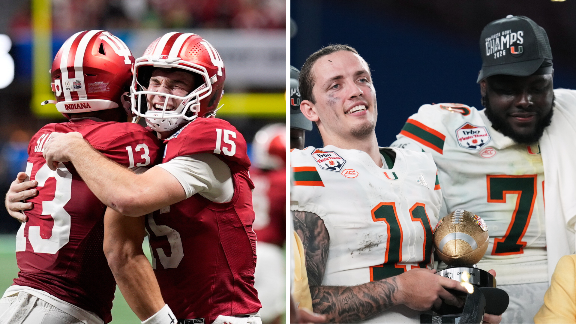 Indiana wide receiver Elijah Sarratt celebrates with quarterback Fernando Mendoza in the Peach Bowl. / Miami quarterback Carson Beck holds a trophy after winning the Fiesta Bowl.