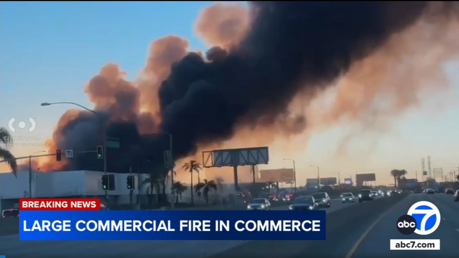 Massive fire erupts at vacant warehouse near Citadel Outlets in Commerce