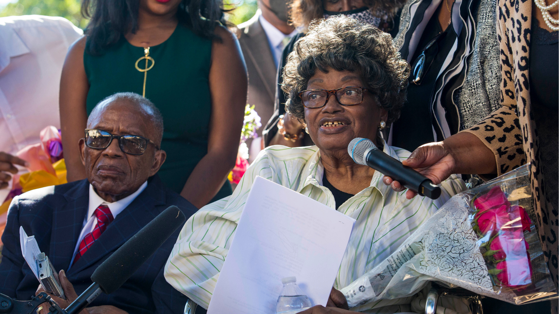 FILE - Claudette Colvin answers a question at a news conference after she filed paperwork to have her juvenile record expunged as she sits next to her former attorney, Fred Gray, Oct. 26, 2021, in Montgomery, Ala. 