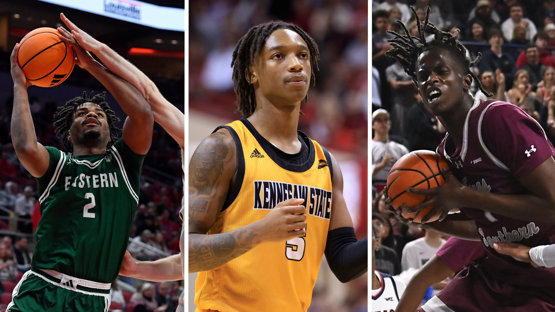This combination photo shows Eastern Michigan guard Carlos Hart, left, Kennesaw State Owls guard Simeon Cottle, center, and Texas Southern Tigers forward Oumar Koureissi, right.
