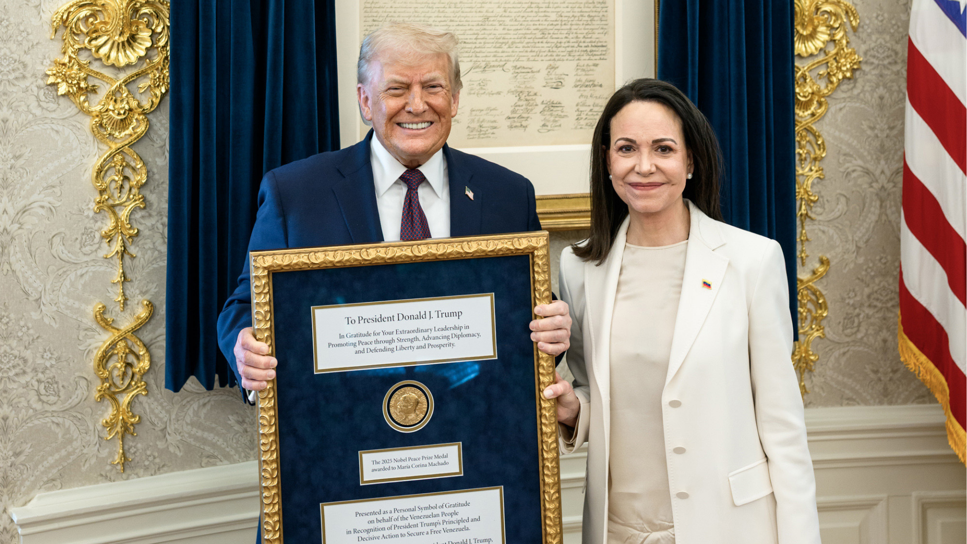 President Donald Trump meets with Venezuelan opposition leader Maria Corina Machado in the Oval Office, on January 15, 2026 in Washington, D.C.