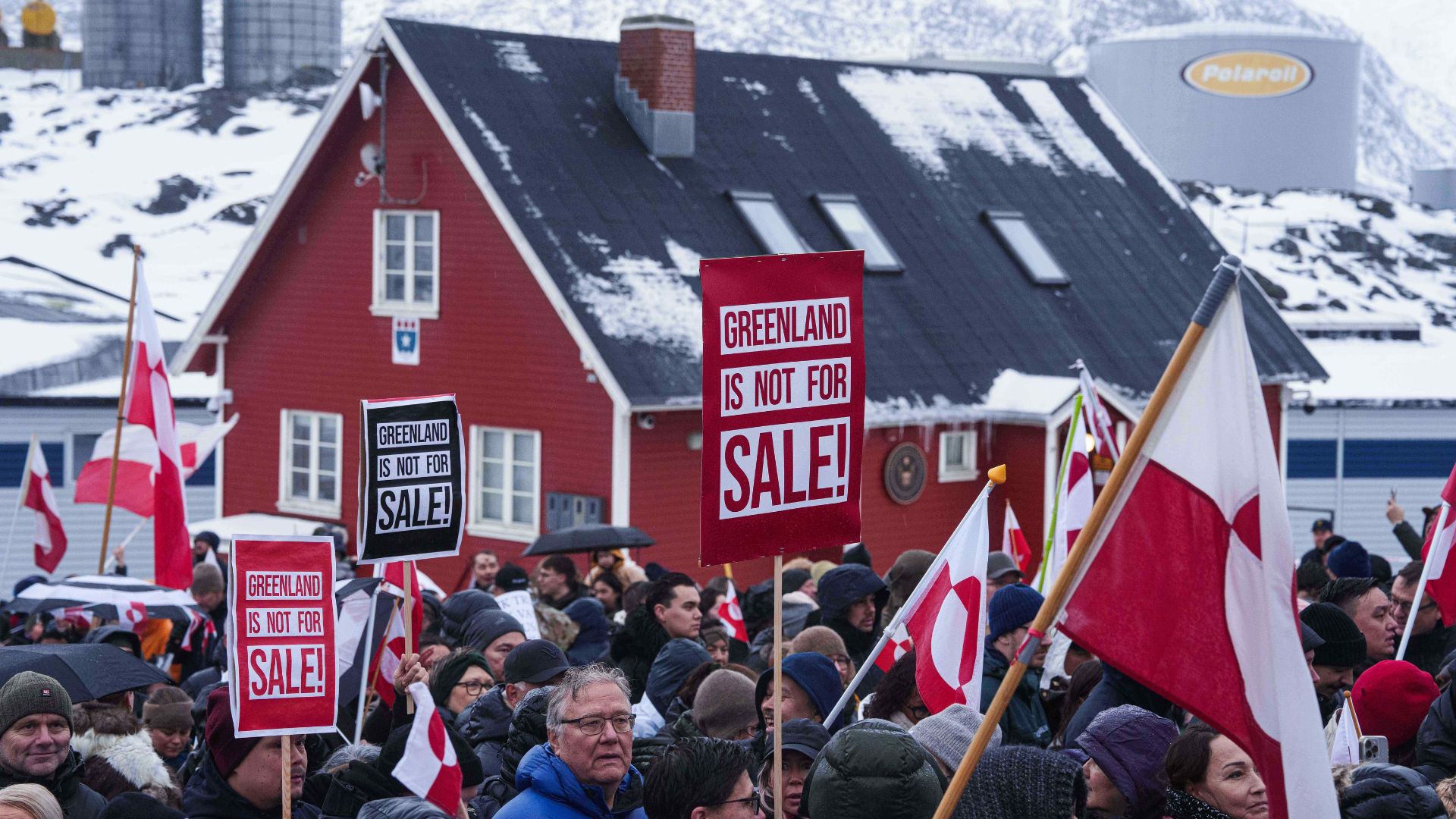 People protest against Trump's policy towards Greenland in front of US consulate in Nuuk, Greenland, Saturday, Jan. 17, 2026.