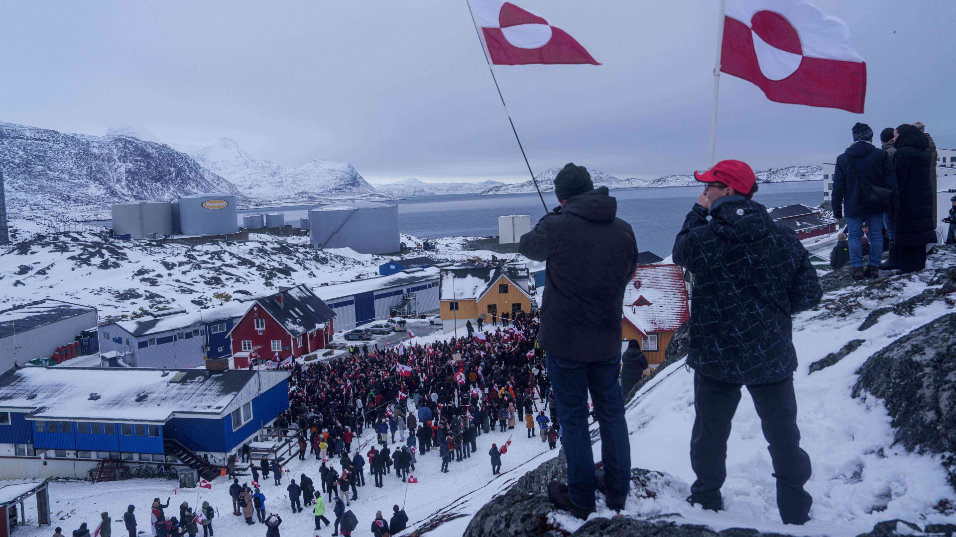 People protest against Trump's policy towards Greenland in front of US consulate in Nuuk, Greenland, Saturday, Jan. 17, 2026.