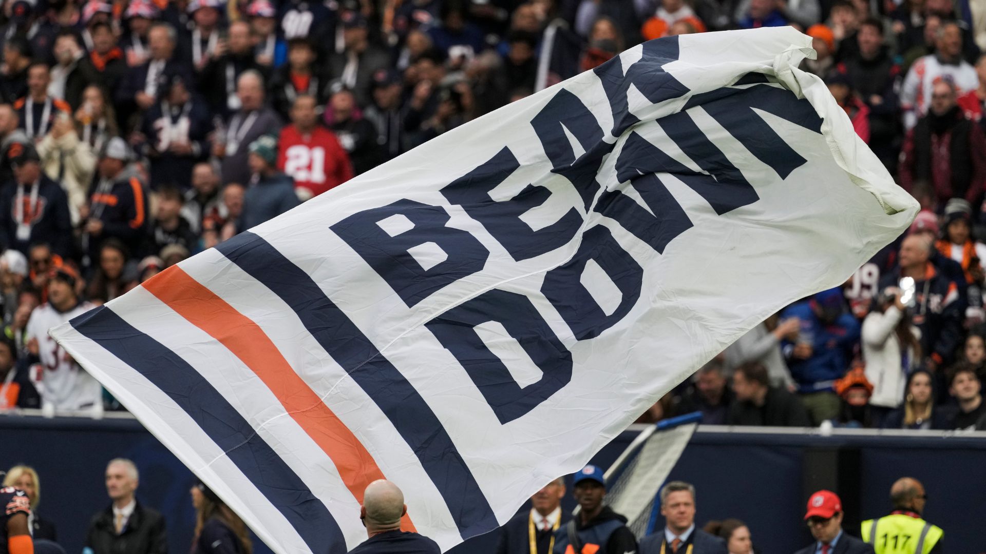 Chicago Bears flag after touchdown during NFL Game between Chicago Bears and Jacksonville Jaguars at Tottenham Hotspur Stadium Sunday ,Oct. 13, 2024 in London.