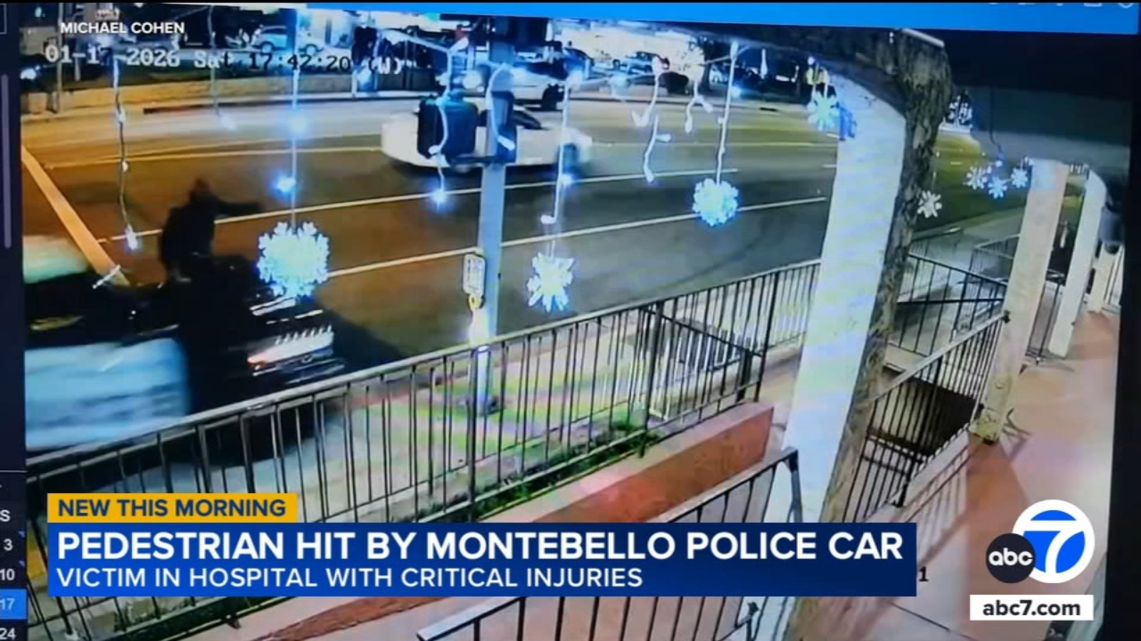 Pedestrian critically injured after hit by Montebello police car in crash caught on video
      