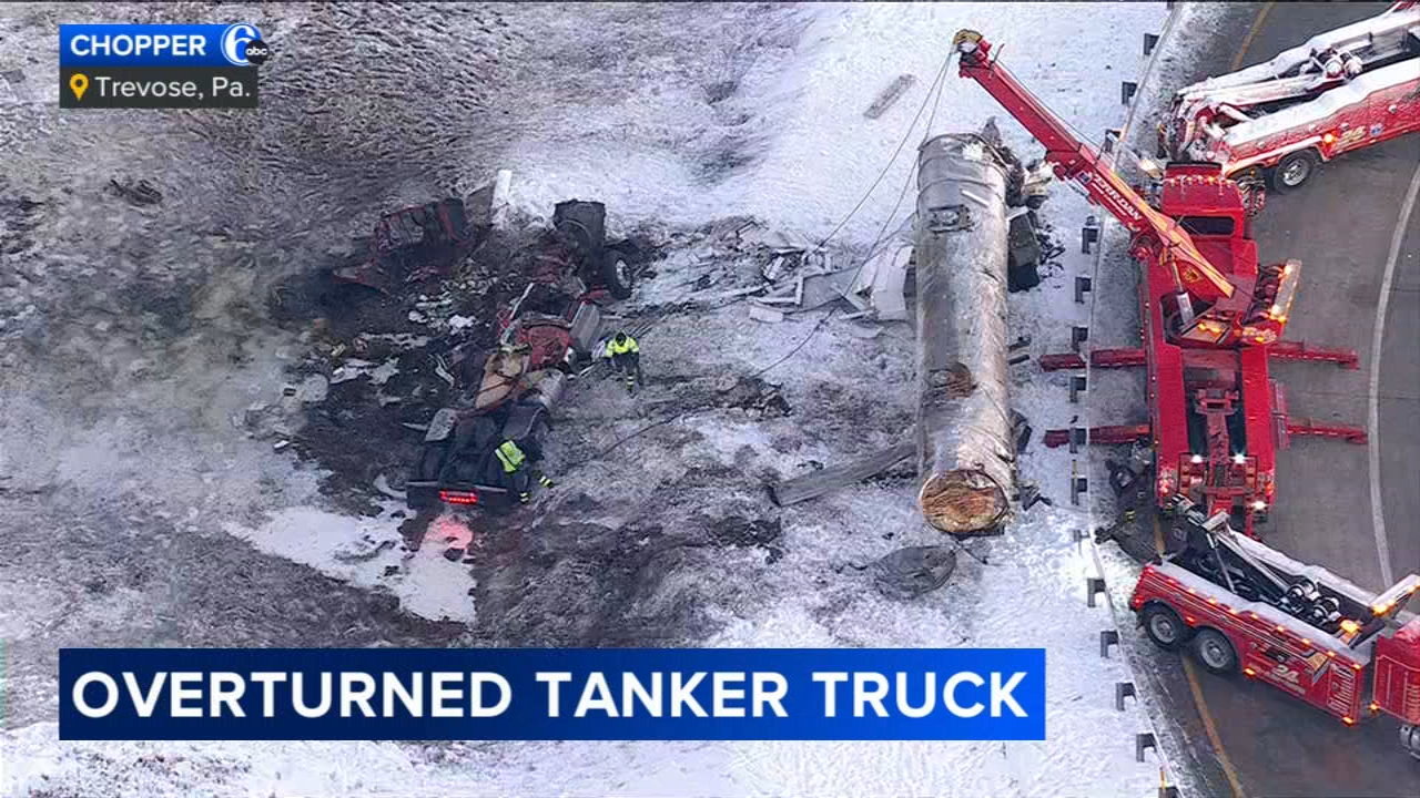Driver dies after tanker truck overturns, rolls down embankment off ramp to Rt. 1 from I-276 E