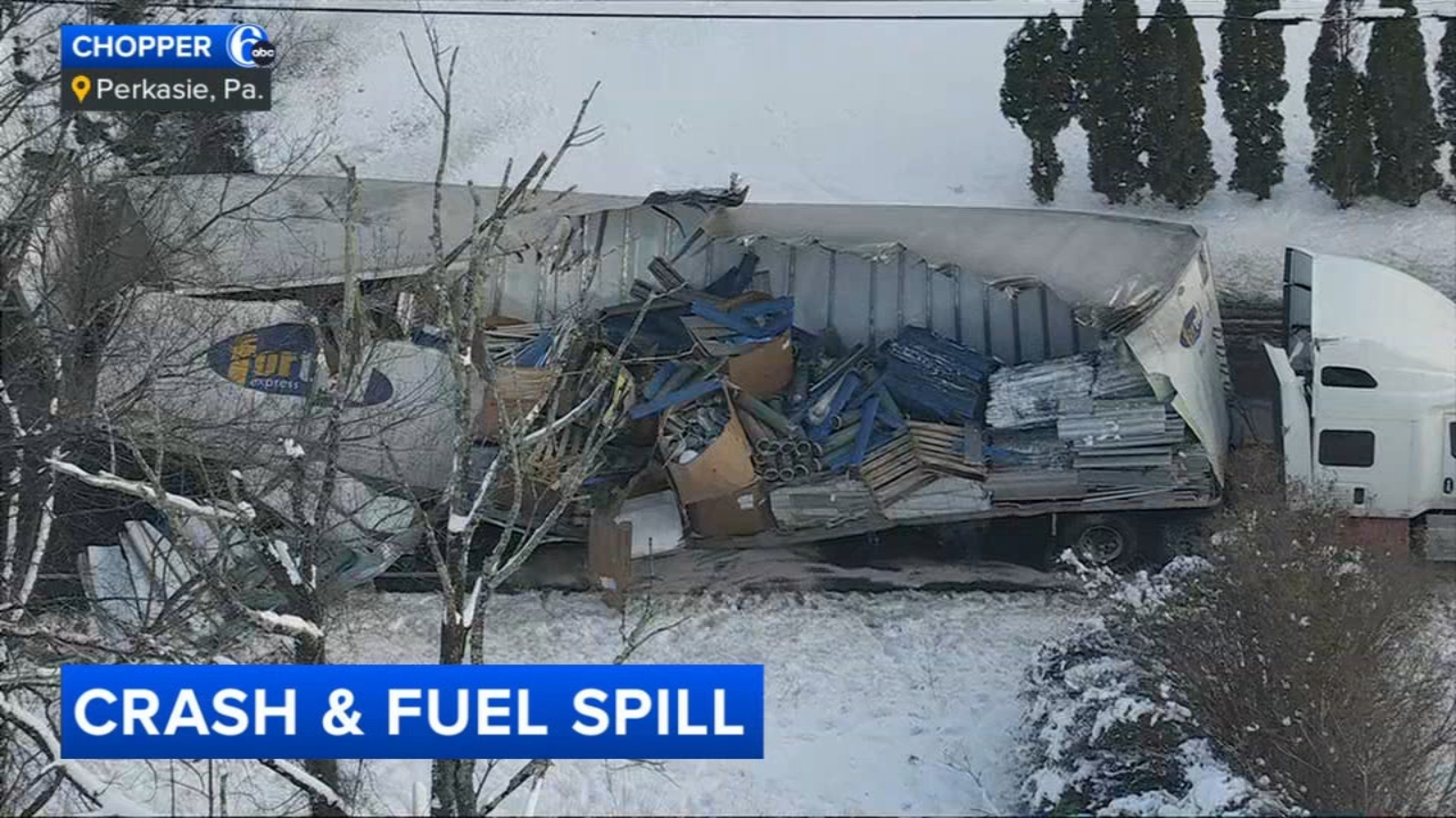 Truck overturns in Bucks County, spilling fuel and aluminum