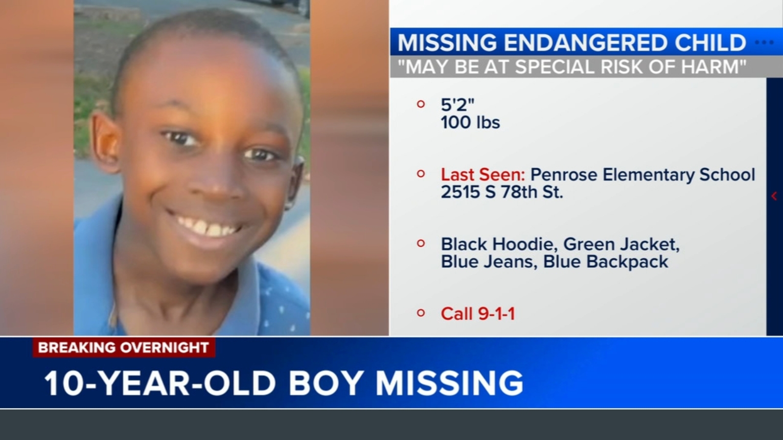 Pennsylvania State Police searching for missing, endangered 10-year-old boy from Philadelphia
      