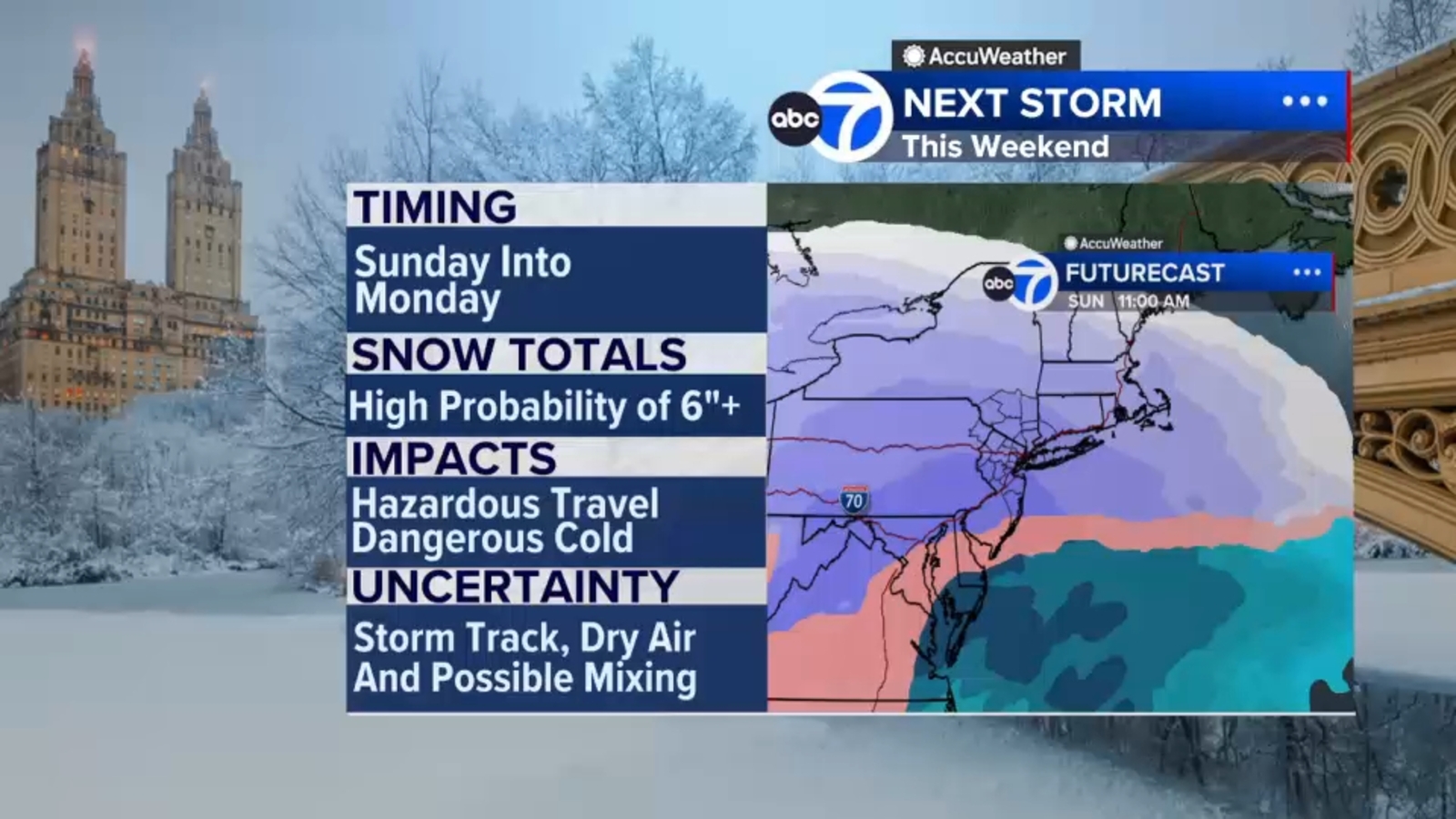Sprawling winter storm will sweep into New York City area on Sunday