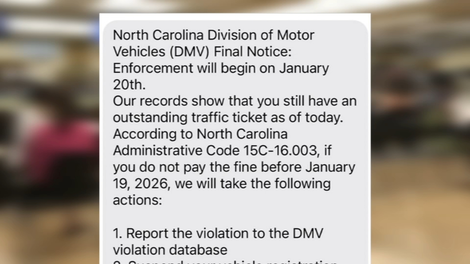 DMV texts threaten unpaid parking ticket enforcement are fake, NC attorney general says
      