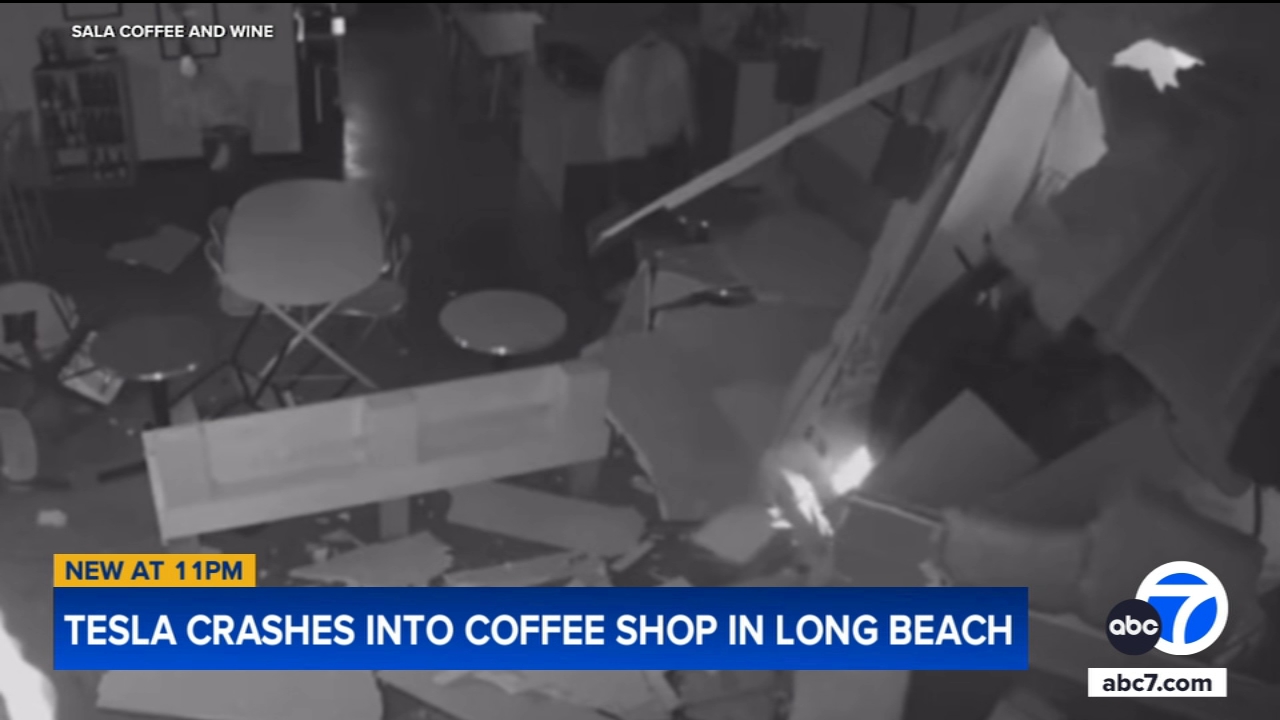 Tesla slams into Long Beach coffee shop in crash caught on video