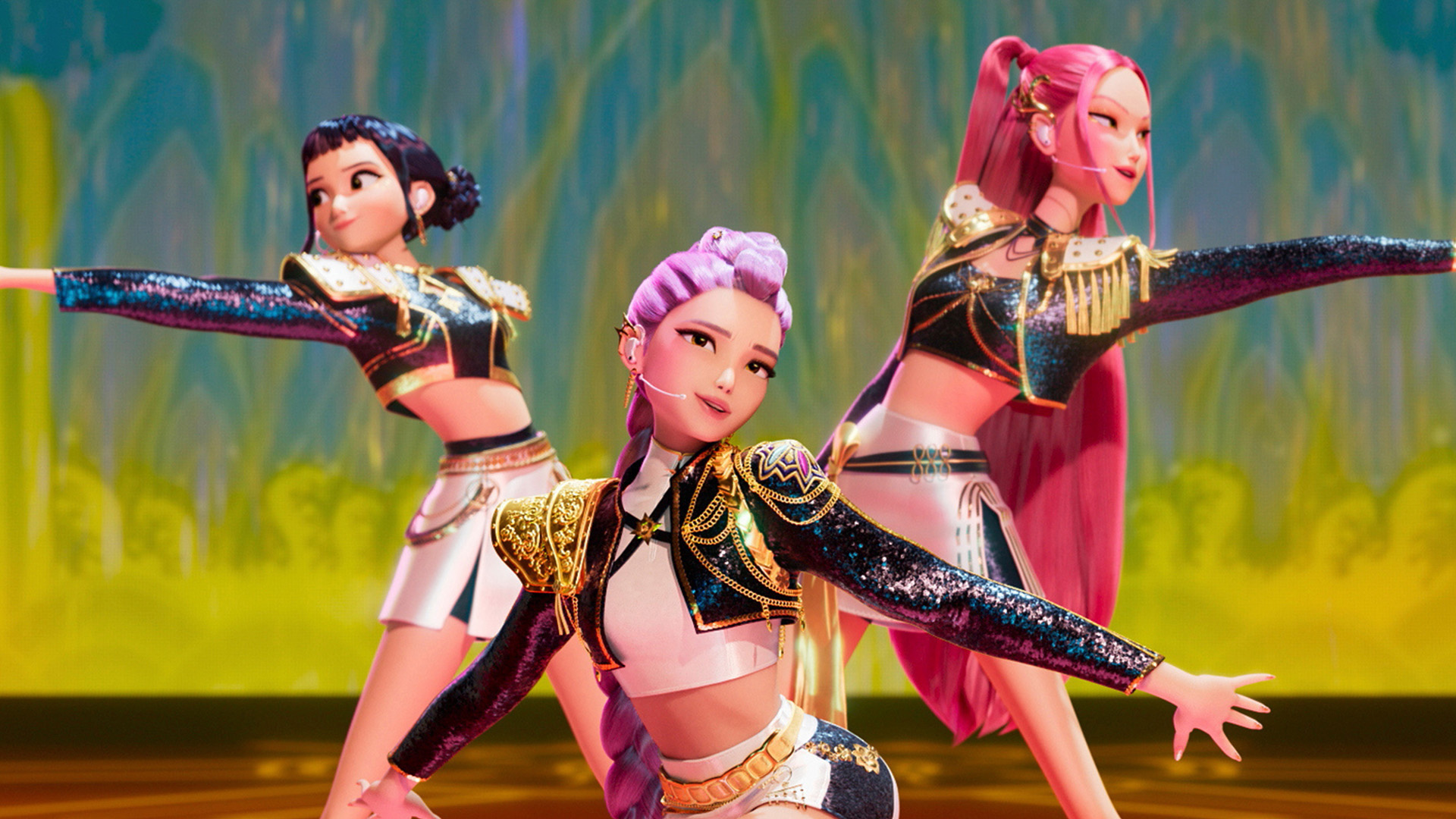 This image released by Netflix shows characters Zoey, from left, Rumi and Mira in a scene from "KPop Demon Hunters." 