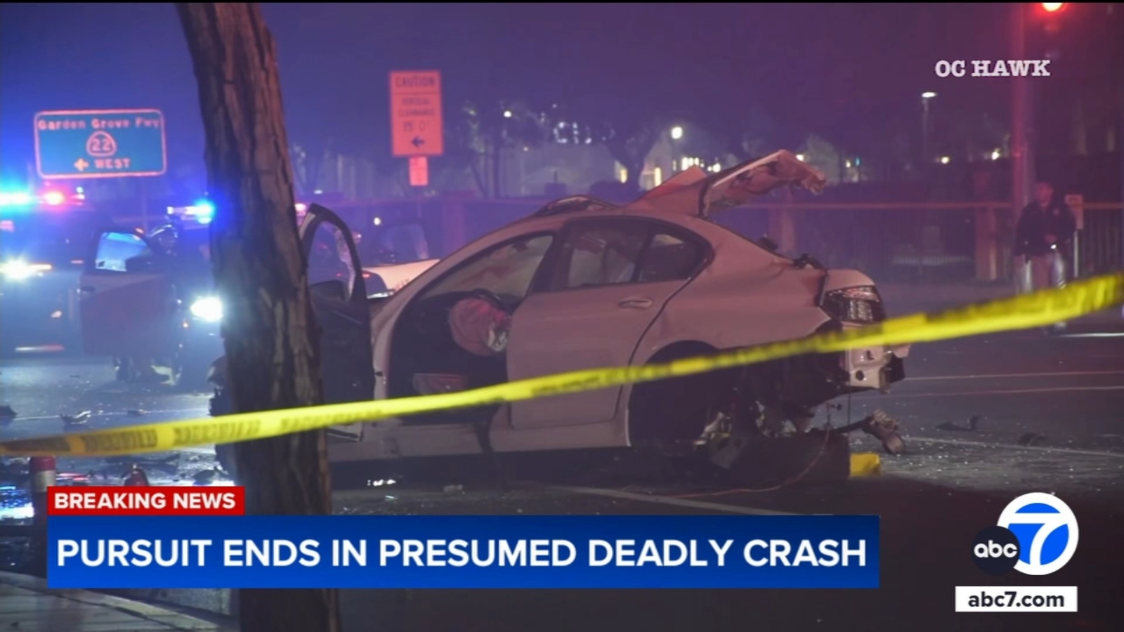 Car split in 2 after chase ends in presumed deadly crash in Orange