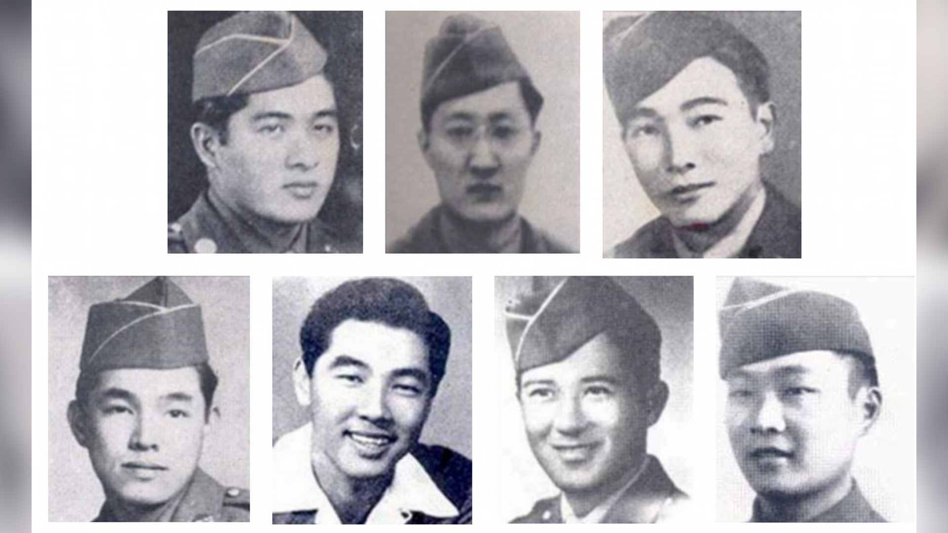 This combo image shows, from left to right, University of Hawaii ROTC cadets Jenhatsu Chinen, Daniel Betsui and Howard Urabe, top row, and Hiroichi Tomita, Grover Nagaji, Robert Murata and Akio Nishikawa, bottom row. 