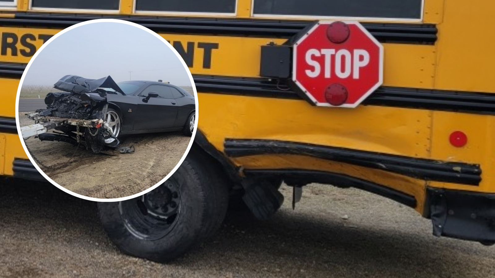 Vehicle hits school bus in fog near Kerman; no major injuries