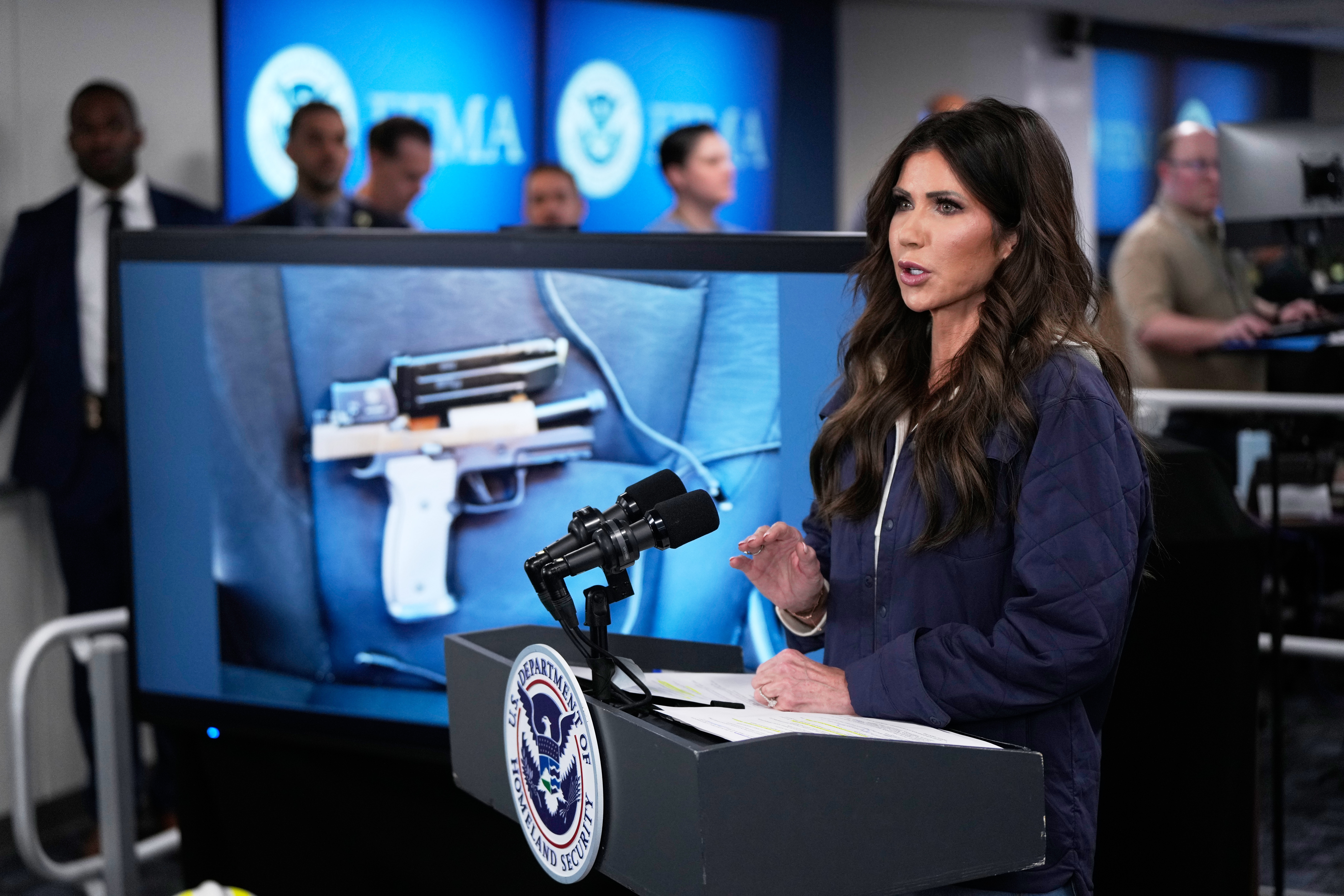Homeland Security Secretary Kristi Noem speaks during a news conference at Federal Emergency Management Agency headquarters, Saturday, Jan. 24, 2026, in Washington.